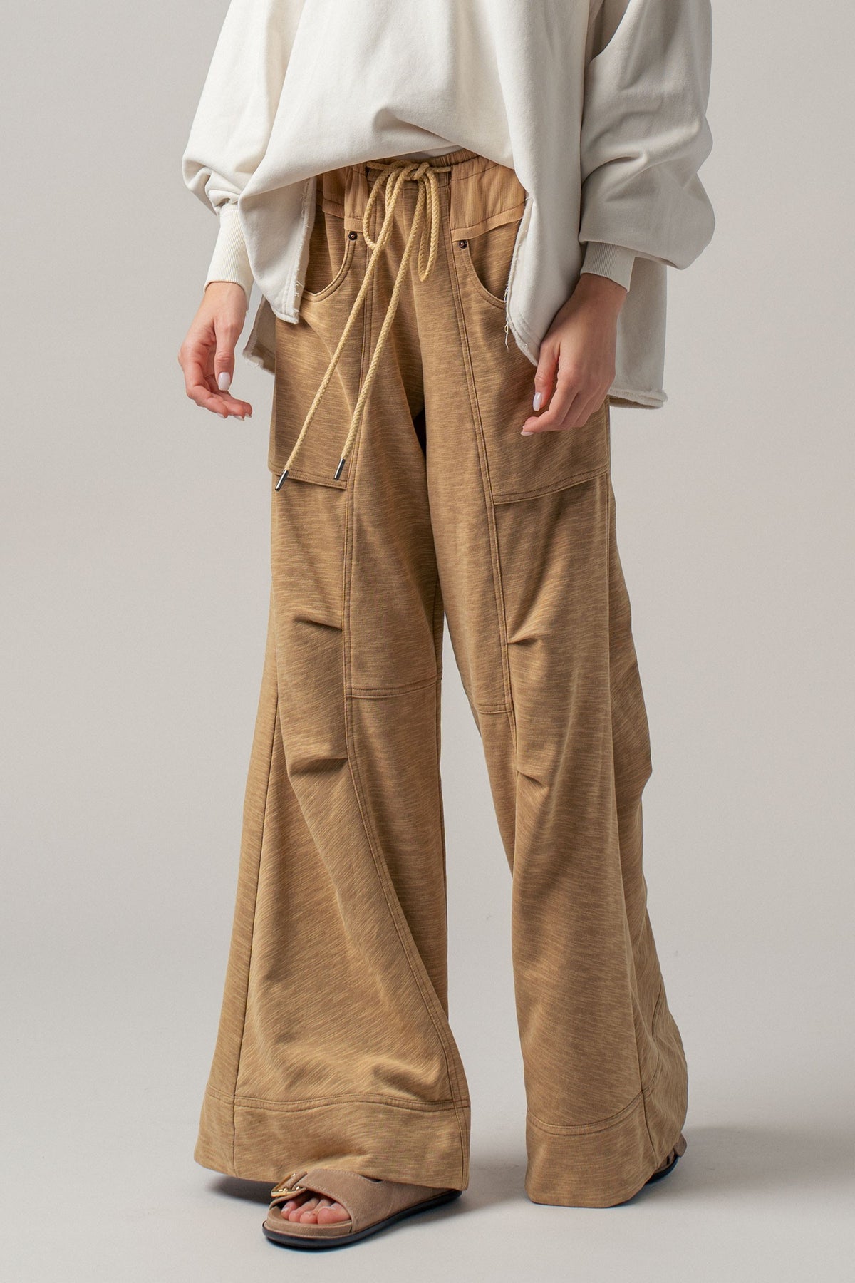 Drawstring Wide Lounge Pants in KHAKI - Women's Casual Pants | Urban Daizy