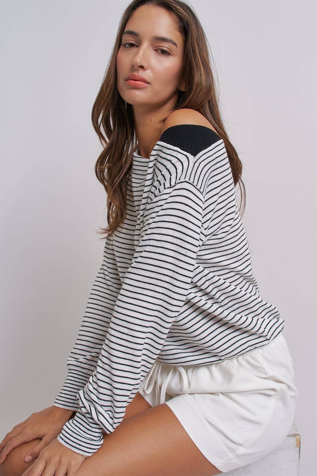 Urban Daizy Asymmetrical Striped One-Shoulder Top Ivory-Black Knit Top - Women's (UDZ-TP-01085-Ivory-Black) – alternate view 14