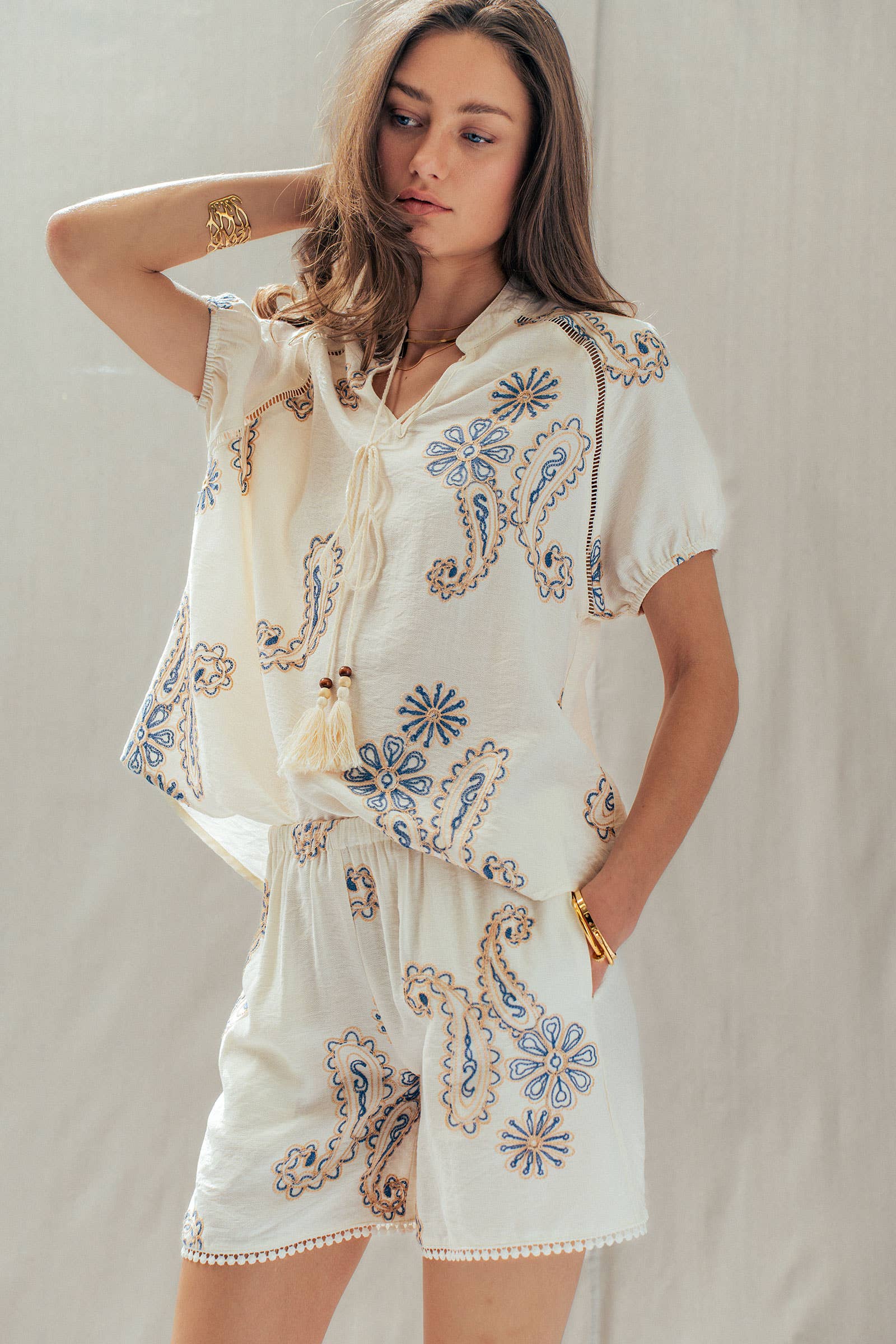 Paisley Embroidered Linen Blend Shorts