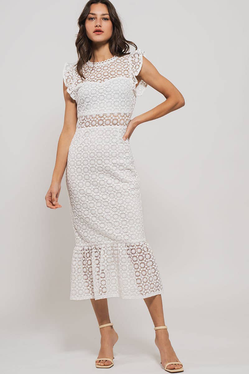 Urban Daizy White Lace Scalloped Ruffle-Sleeve Midi Dress White Dress - Women's (UDZ-DR-00345) – alternate view 7