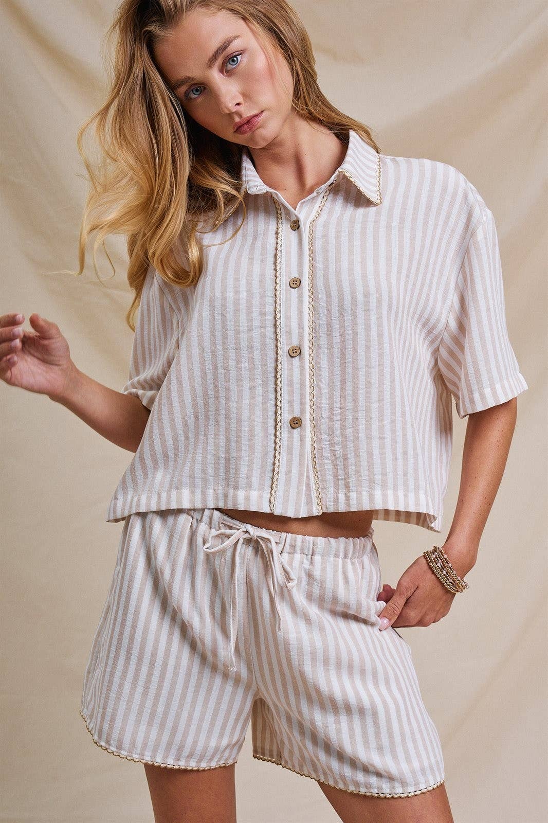 Urban Daizy Striped Scalloped Trim Drawstring Shorts Cream Shorts - Women's (UDZ-PT-00501-Cream) – alternate view 8