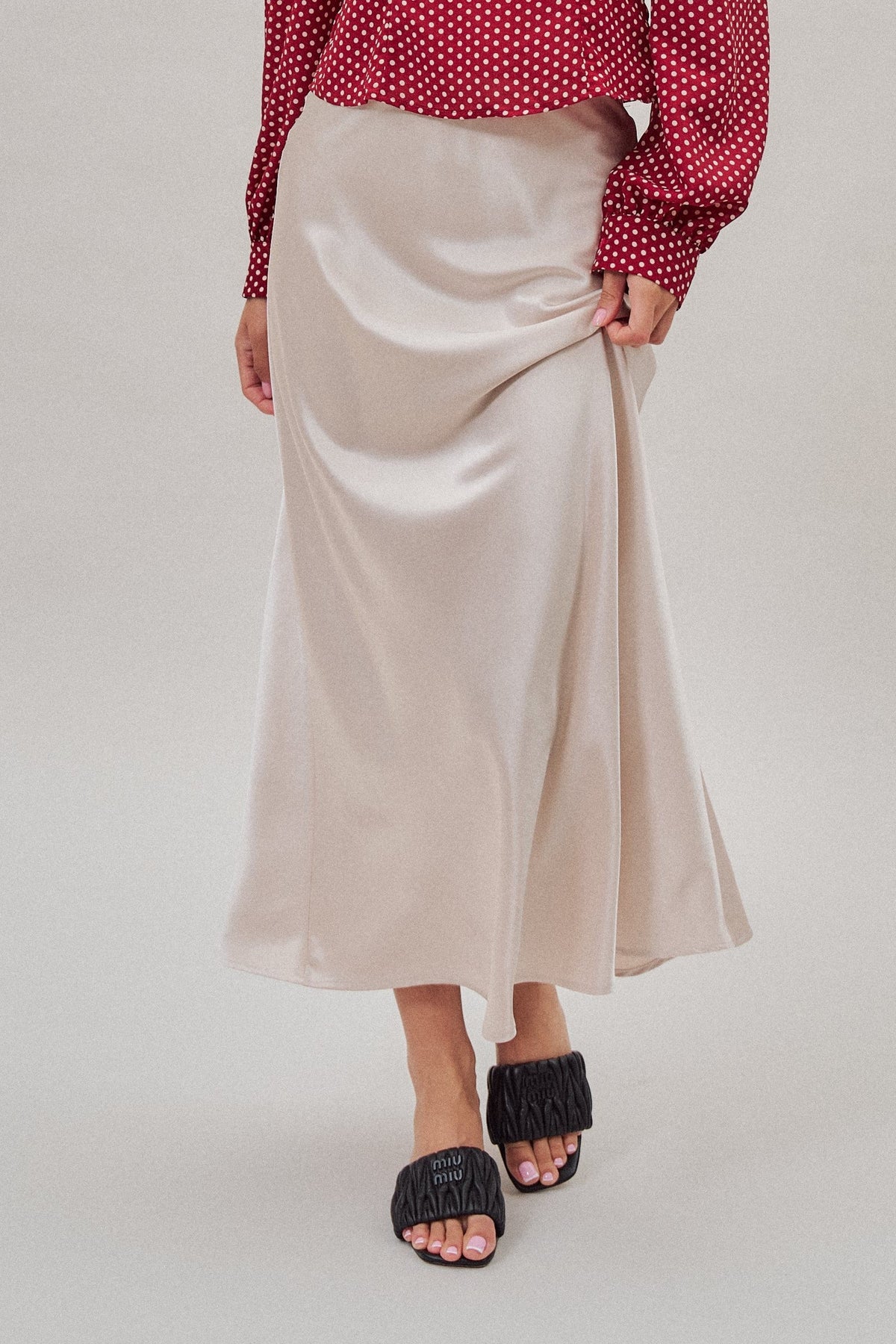 Bias Cut Satin Maxi Skirt with Fluid Drape in NATURAL - Women's Midi Skirts | Urban Daizy
