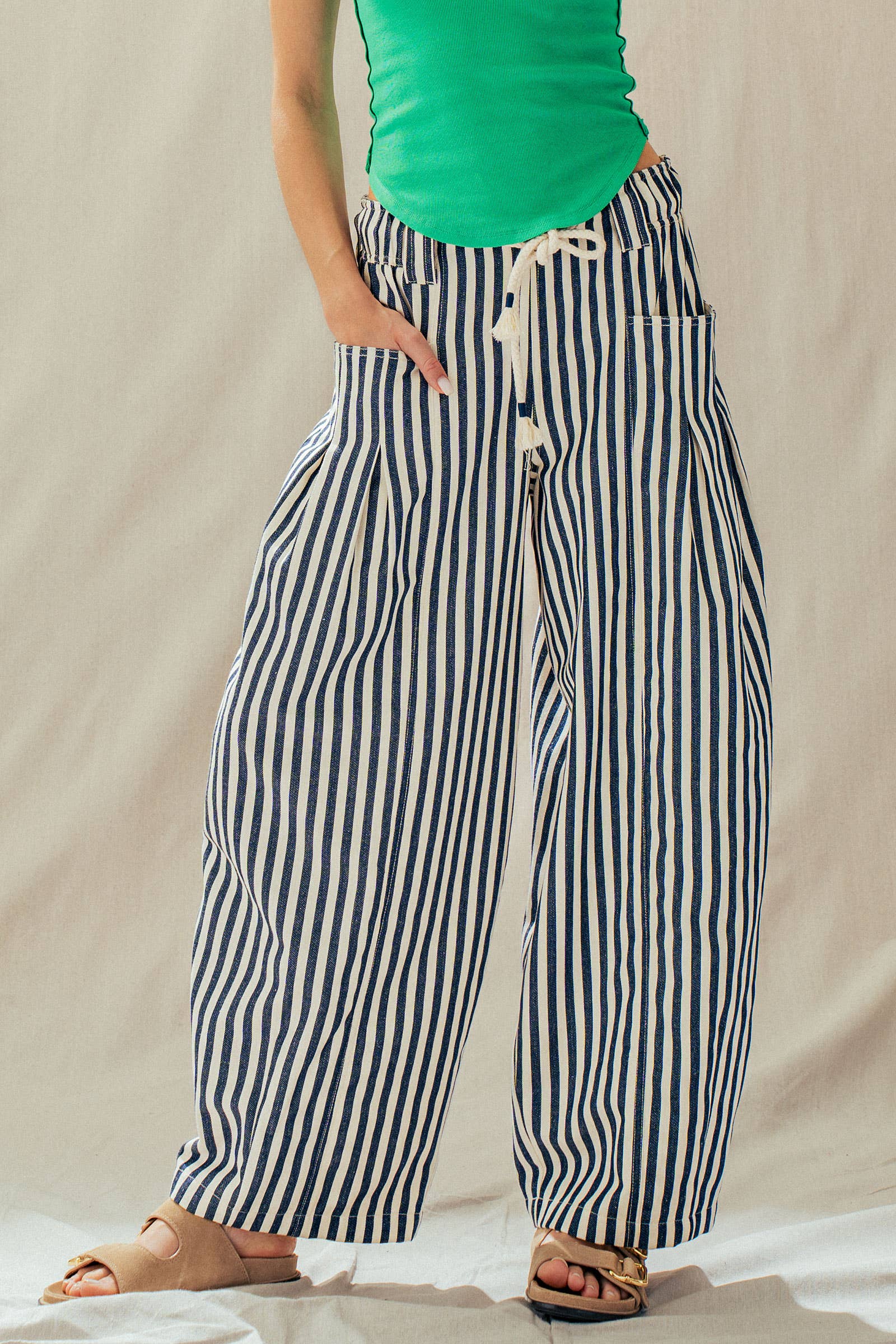 Urban Daizy Rope Drawstring Balloon Pants Pleated Front Brown-Stripe Pants - Women's (UDZ-PT-00481) – alternate view 2