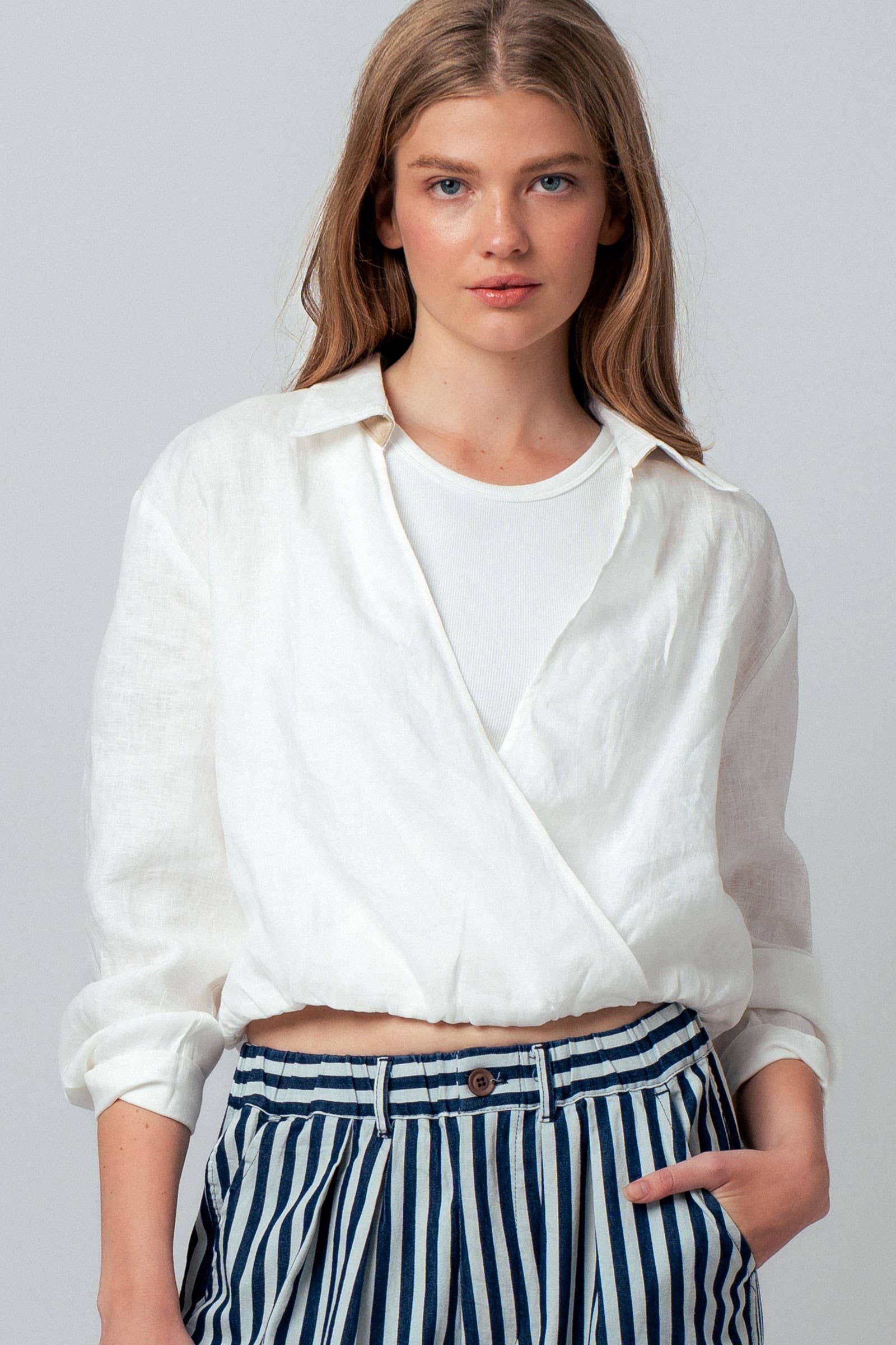 Collared Linen Wrap Crop Top