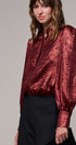 Metallic Shimmer Button Down Blouse with Puff Sleeves in BURGUNDY - Women's Shirts & Blouses | Urban Daizy