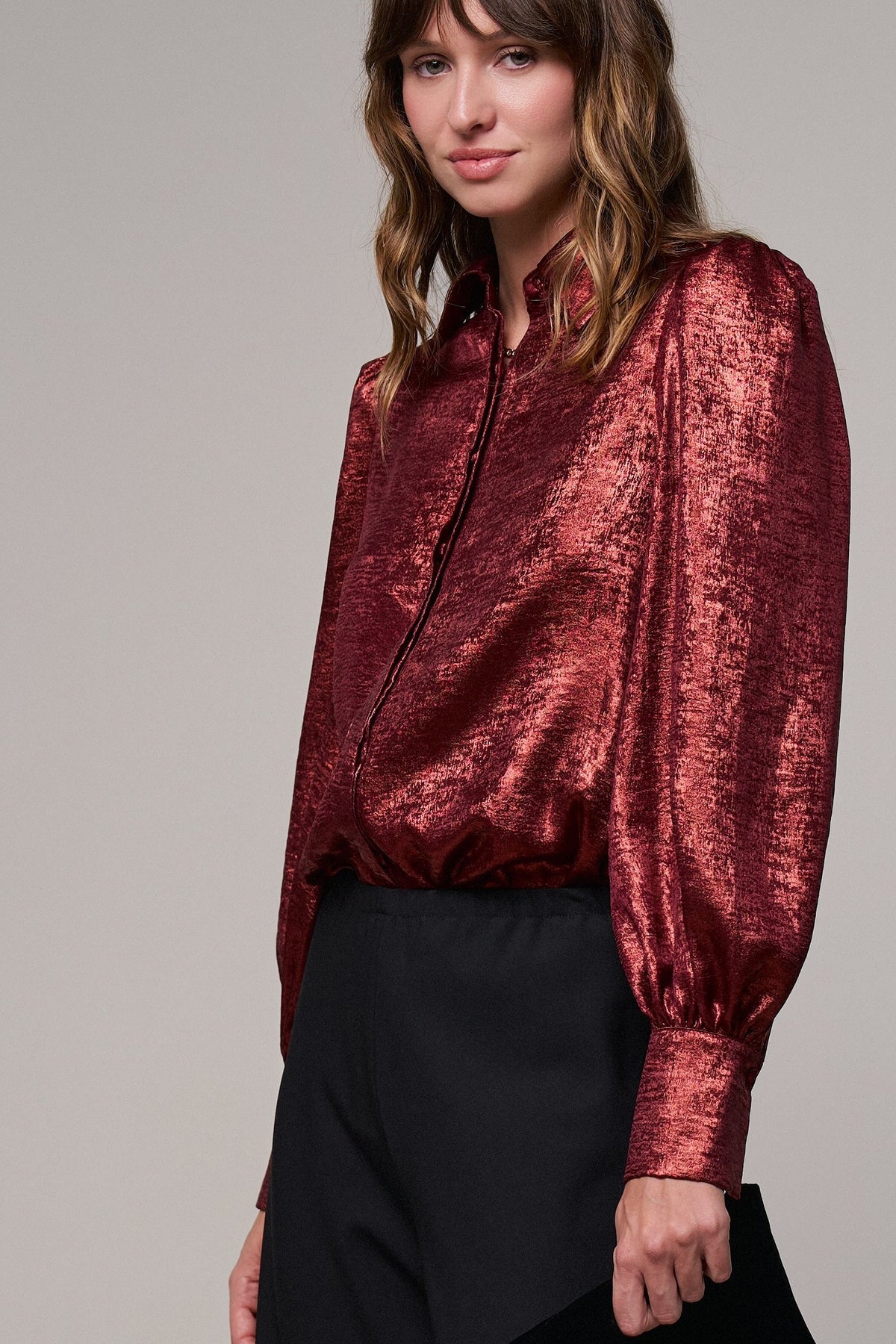 Metallic Shimmer Button Down Blouse with Puff Sleeves in BURGUNDY - Women's Shirts & Blouses | Urban Daizy