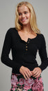 Ribbed Henley Top with Crochet Trim Neckline in BLACK - Women's T-Shirts & Polos | Urban Daizy
