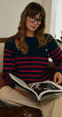 Striped Mock Neck Sweater with Gold Button Shoulder in RED/NAVY - Women's Sweaters | Urban Daizy