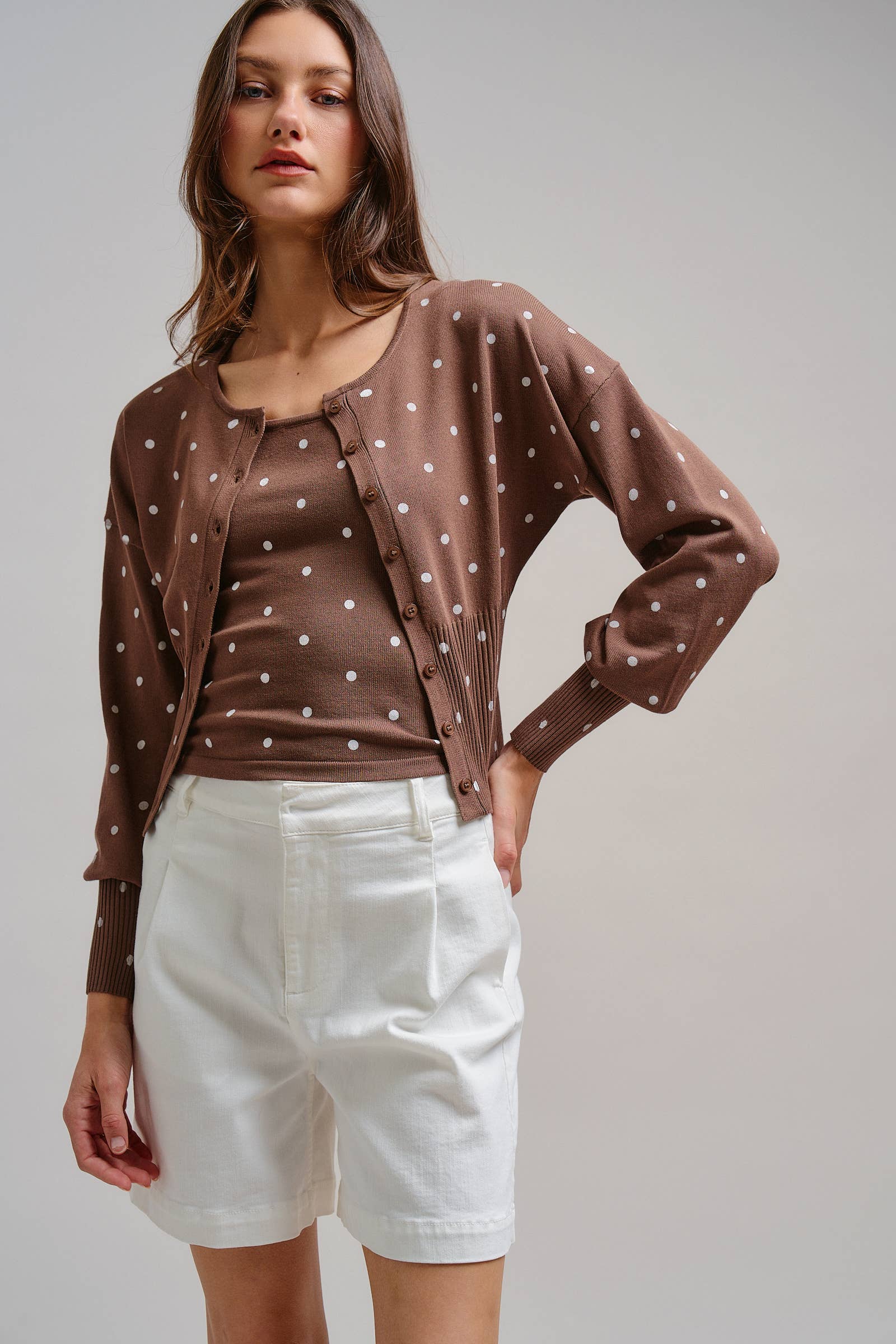 Urban Daizy Polka Dot Button-Front Cardigan MOCHA Cardigan - Women's (TNOW1380-MOCHA) – alternate view