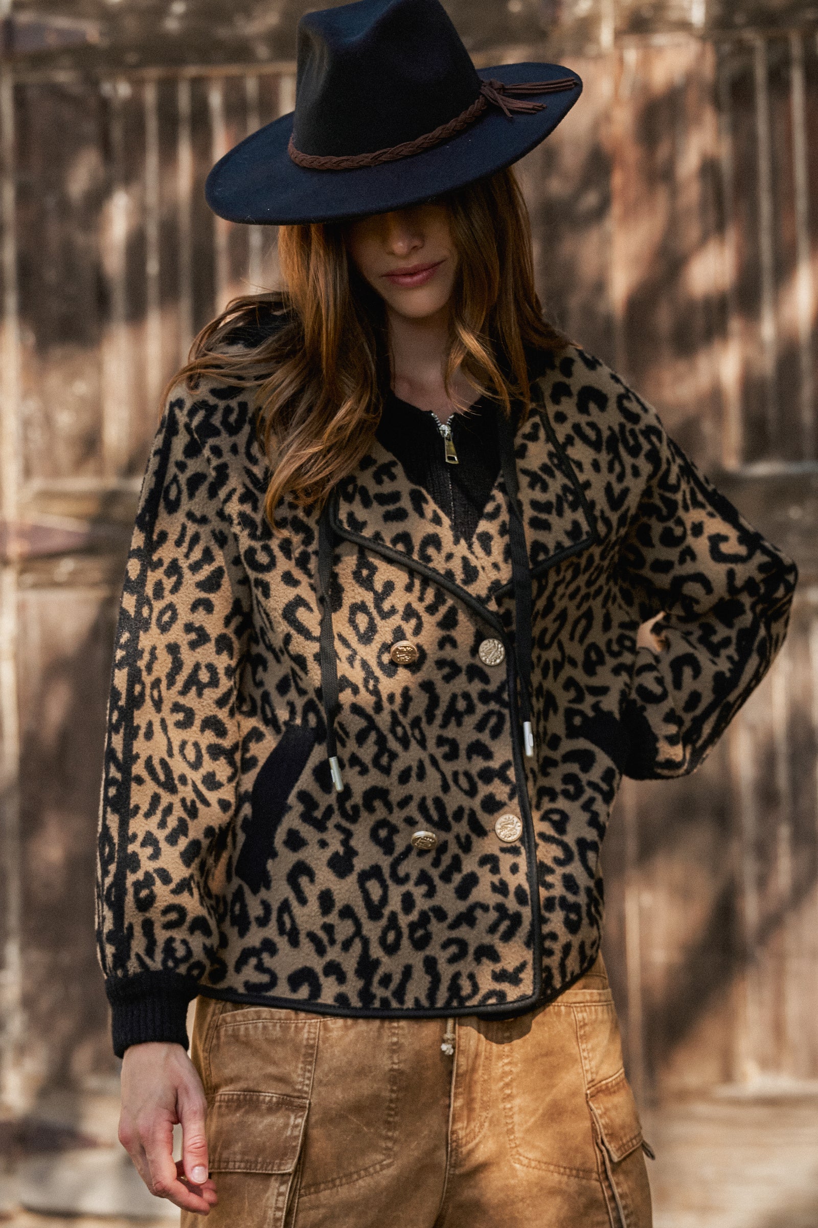 Hooded Leopard Knit Jacket With Gold Buttons | wholesale coat - women's | Urban Daizy