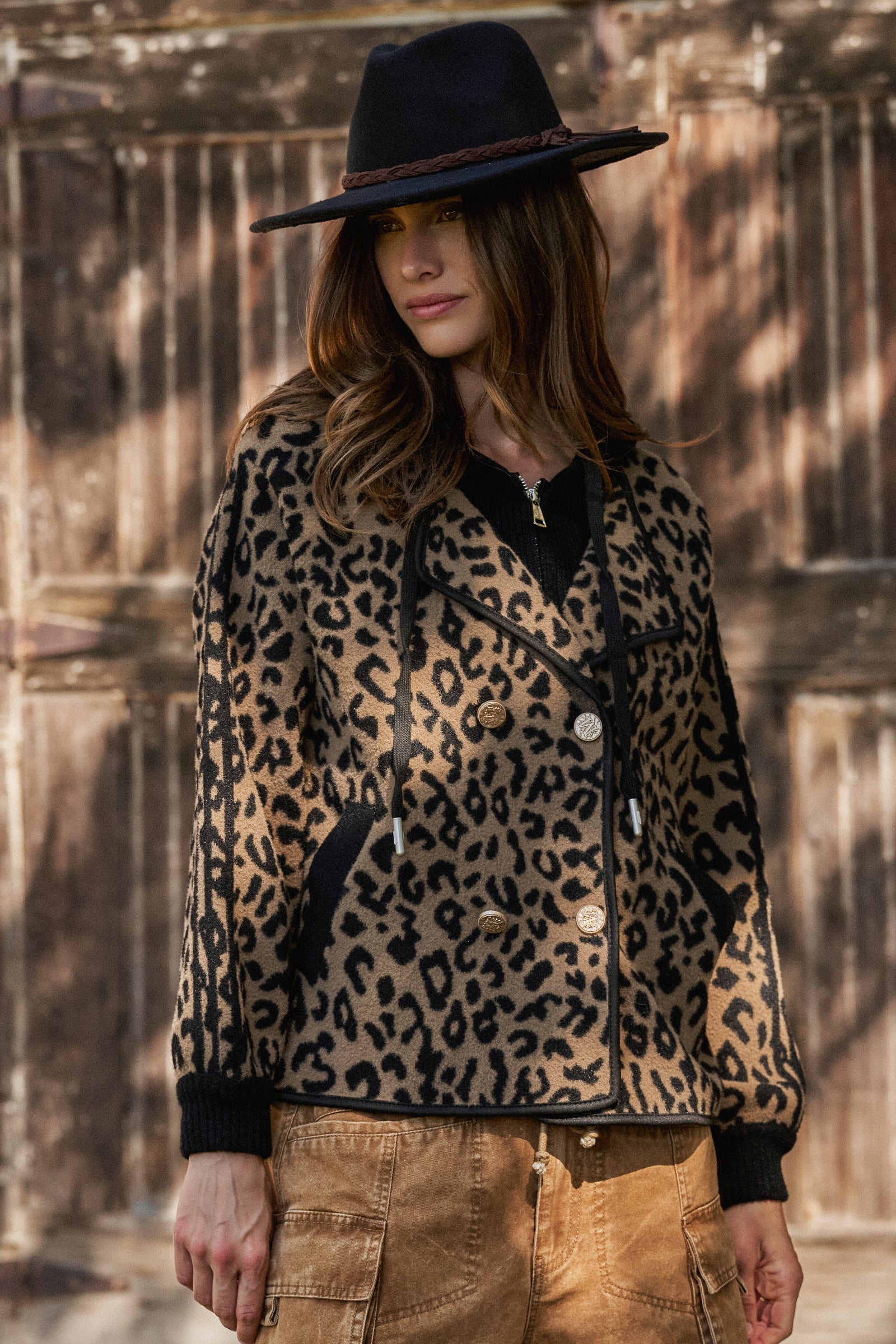 Hooded Leopard Knit Jacket With Gold Buttons | wholesale coat - women's | Urban Daizy
