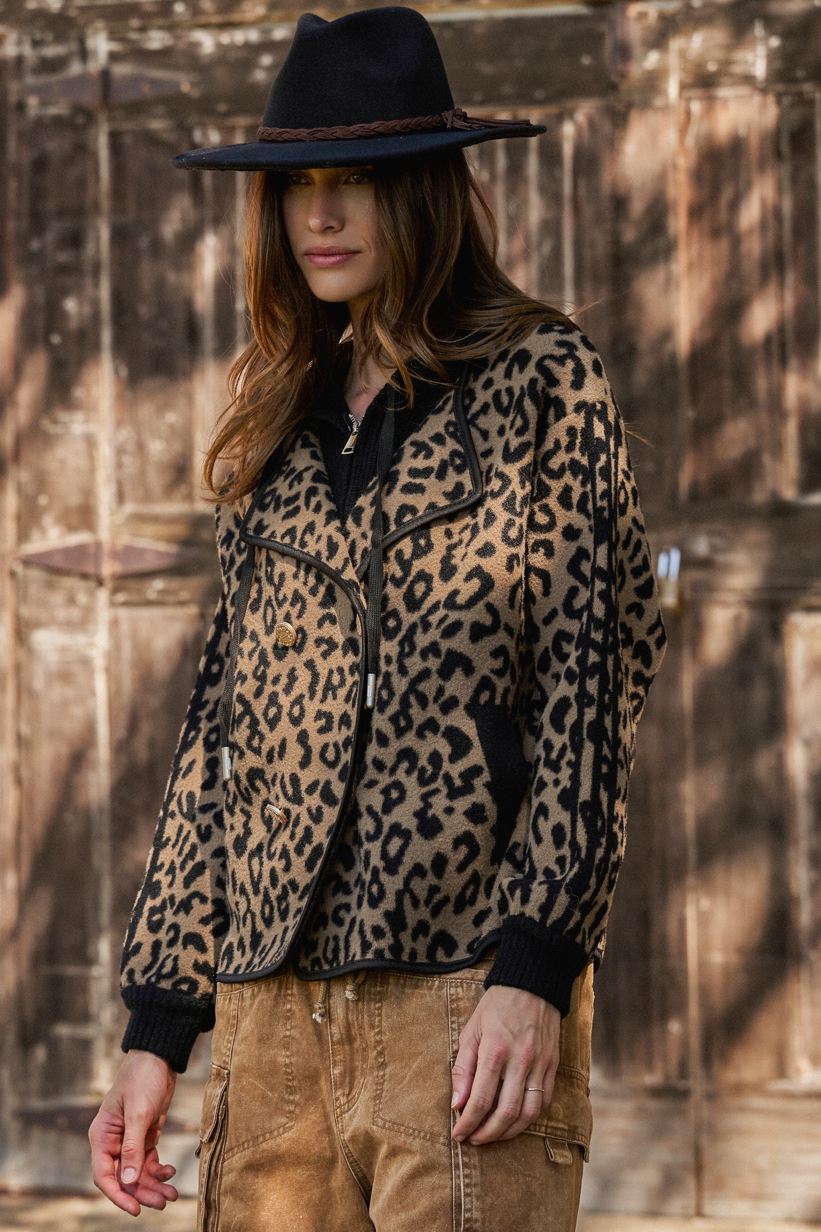 Hooded Leopard Knit Jacket With Gold Buttons | wholesale coat - women's | Urban Daizy