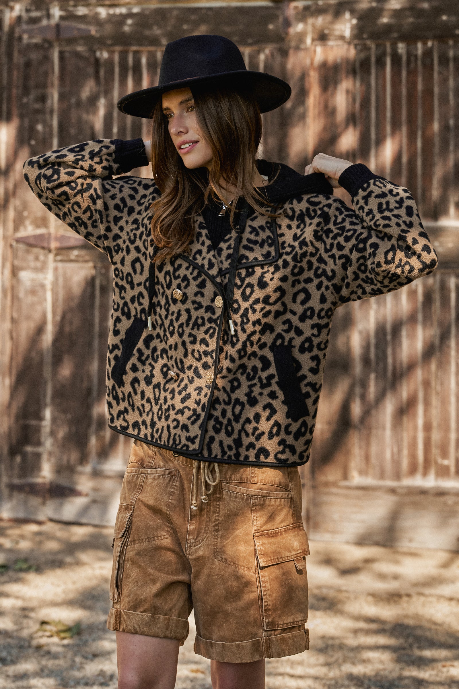 Hooded Leopard Knit Jacket With Gold Buttons | wholesale coat - women's | Urban Daizy