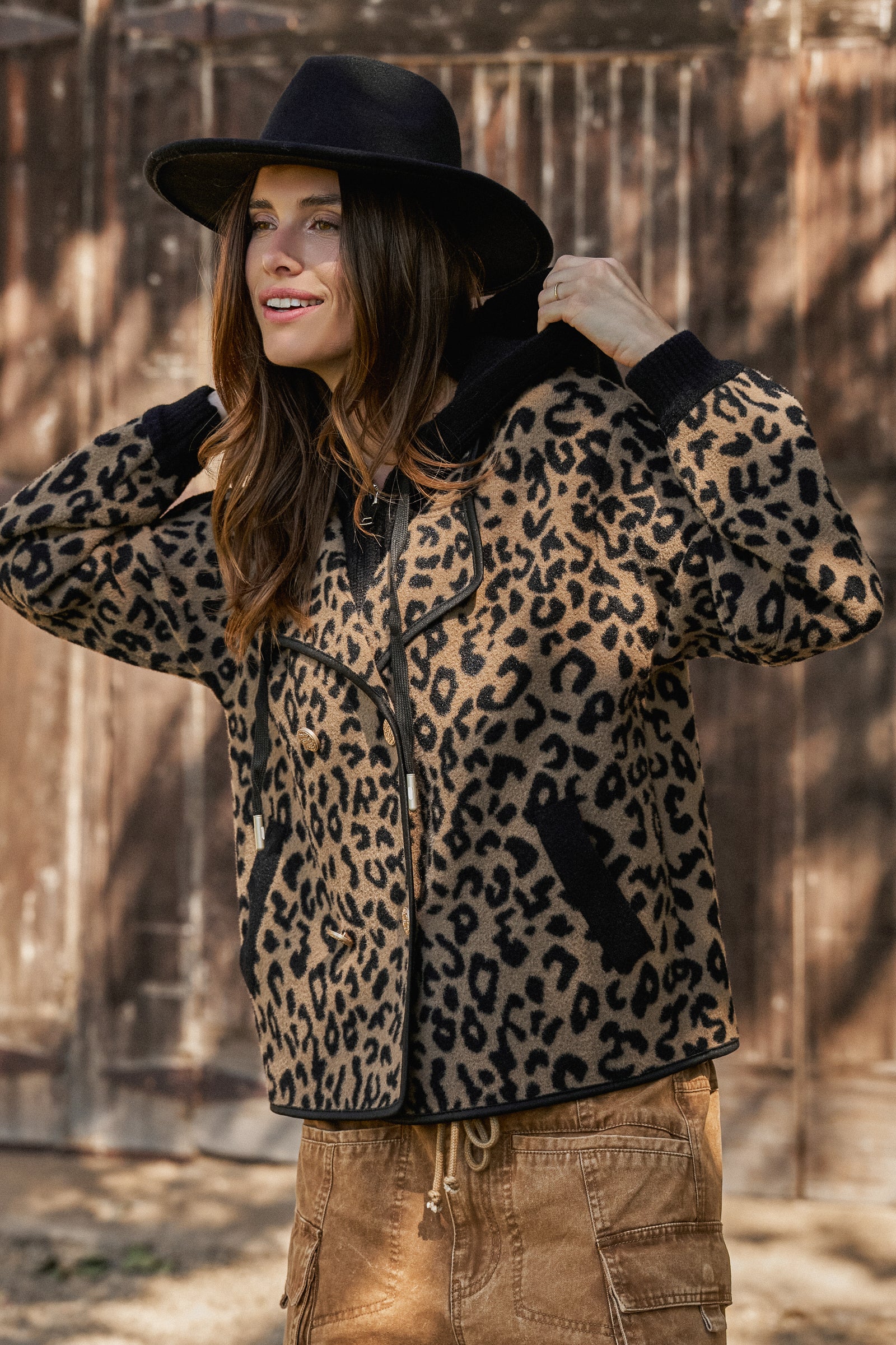 Hooded Leopard Knit Jacket With Gold Buttons | wholesale coat - women's | Urban Daizy