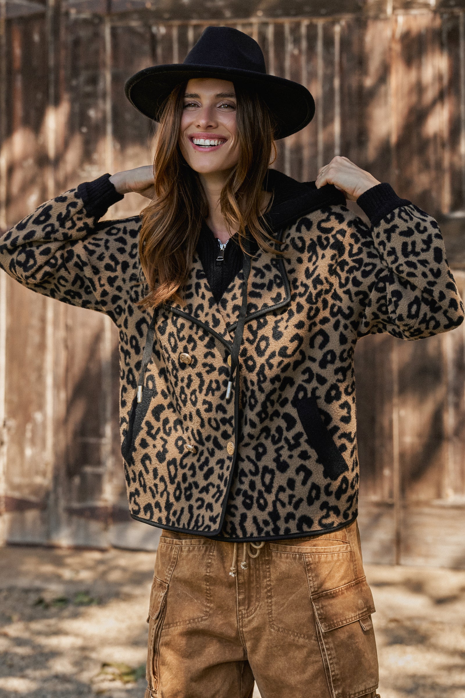 Hooded Leopard Knit Jacket With Gold Buttons | wholesale coat - women's | Urban Daizy