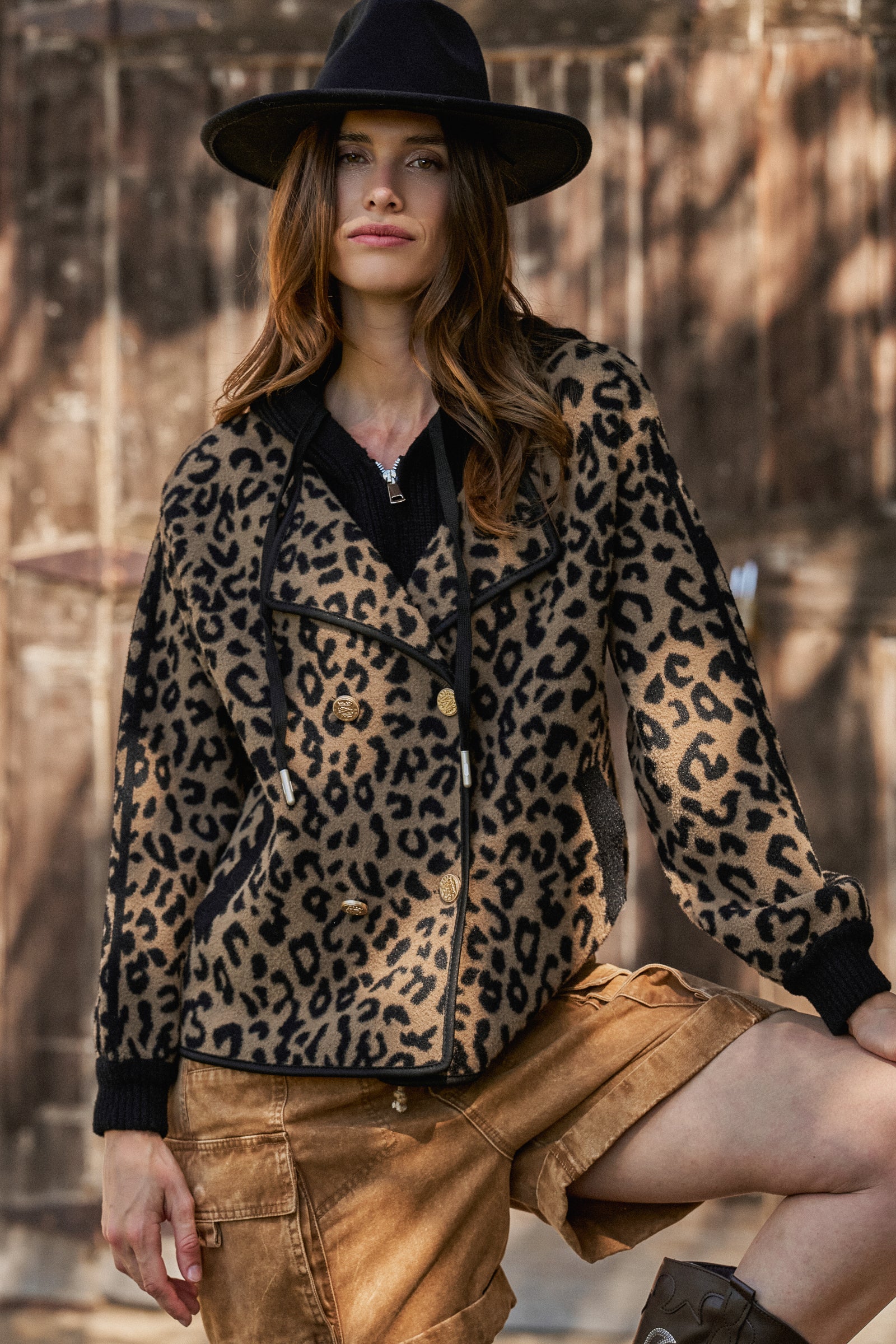 Hooded Leopard Knit Jacket With Gold Buttons | wholesale coat - women's | Urban Daizy