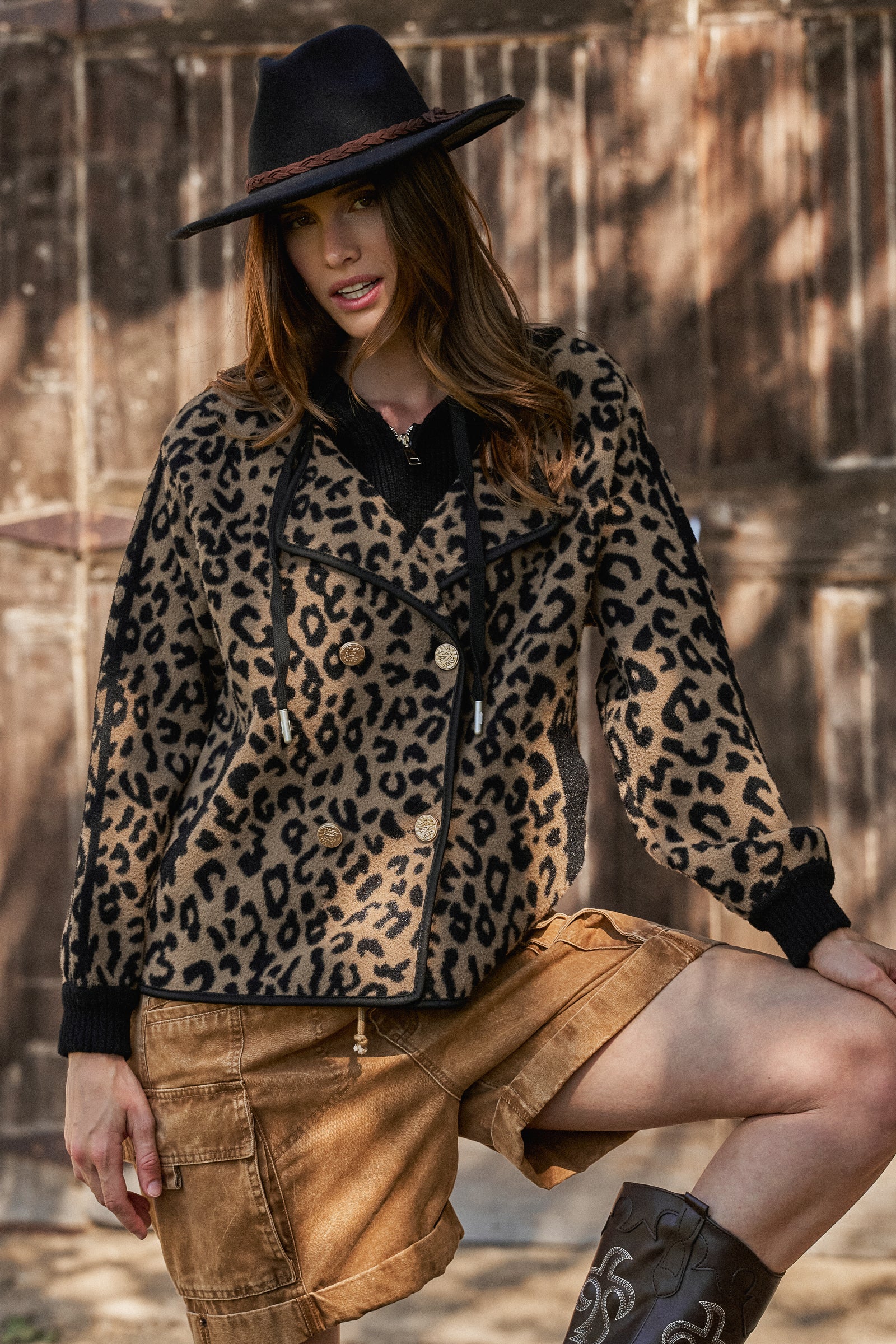 Hooded Leopard Knit Jacket With Gold Buttons | wholesale coat - women's | Urban Daizy