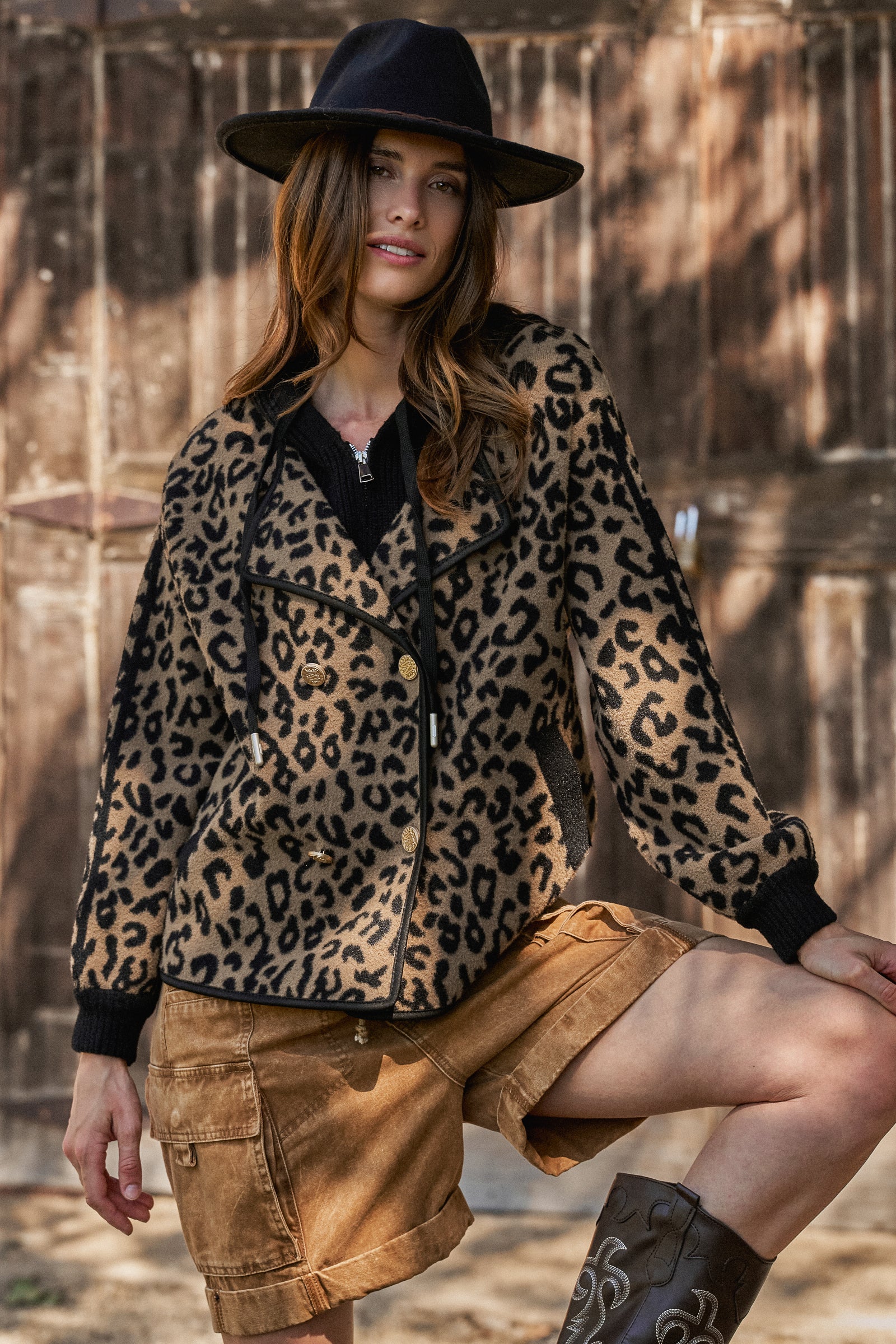 Hooded Leopard Knit Jacket With Gold Buttons | wholesale coat - women's | Urban Daizy
