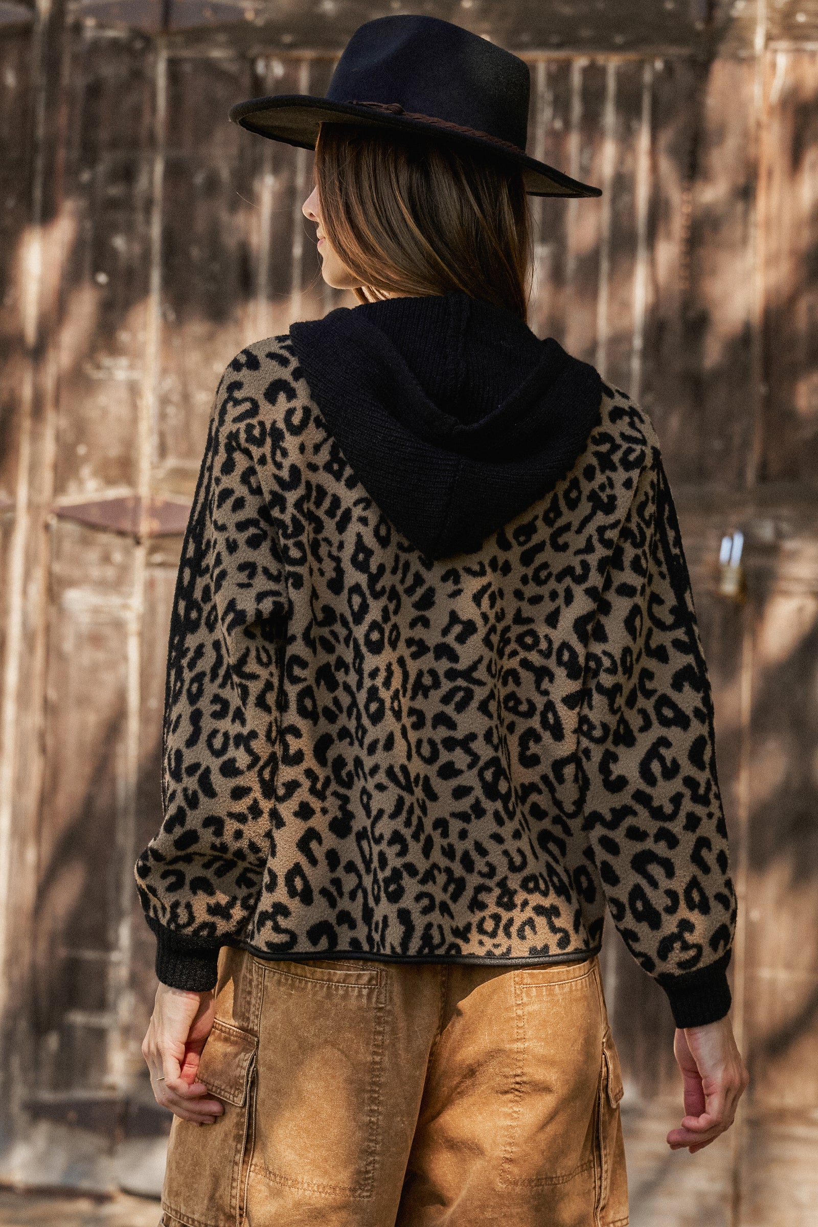 Hooded Leopard Knit Jacket With Gold Buttons | wholesale coat - women's | Urban Daizy