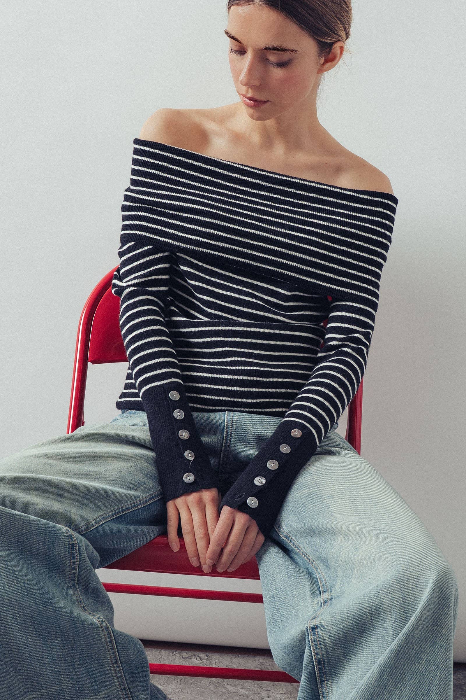 Off-Shoulder Striped Knit Top