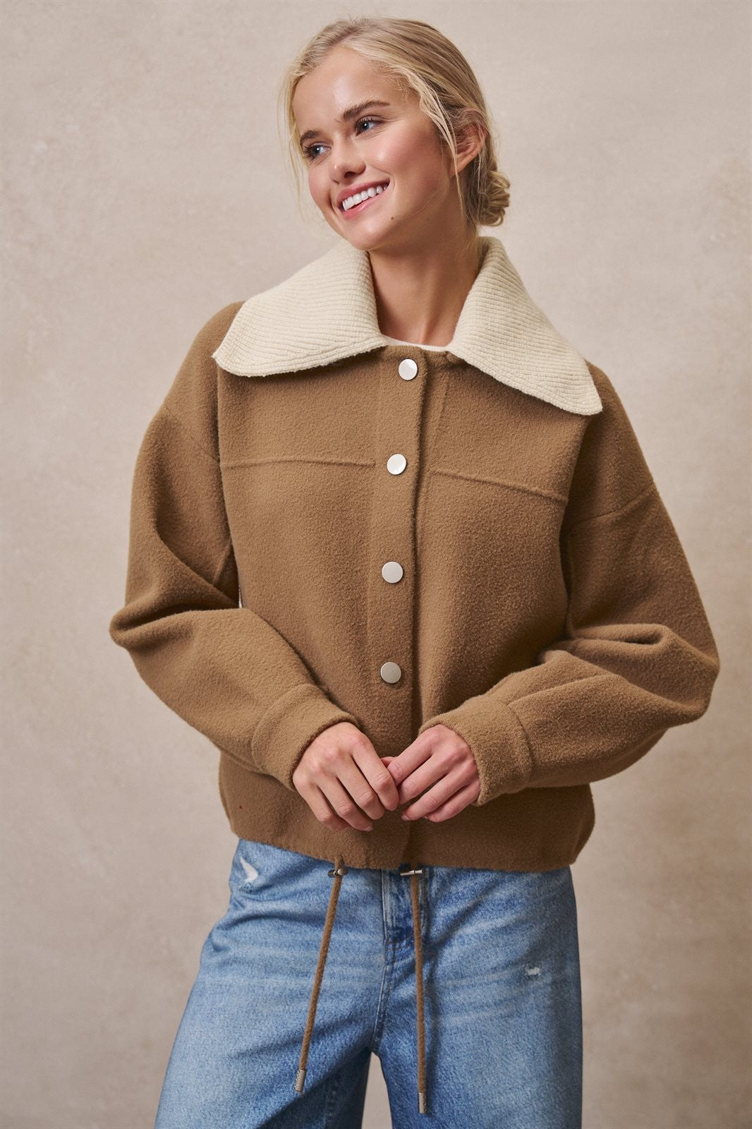 Sweater Knit Button Front Jacket with Detachable Collar in OLIVE - Women's Jackets & Blazers | Urban Daizy