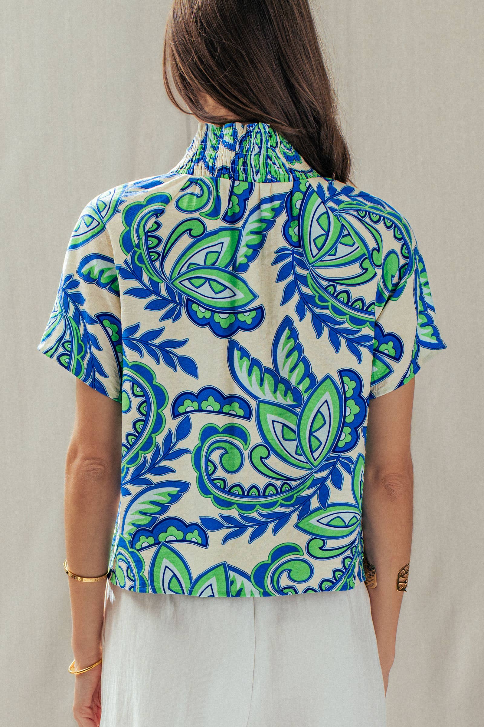 Paisley Smocked High-Neck V-Neck Blouse