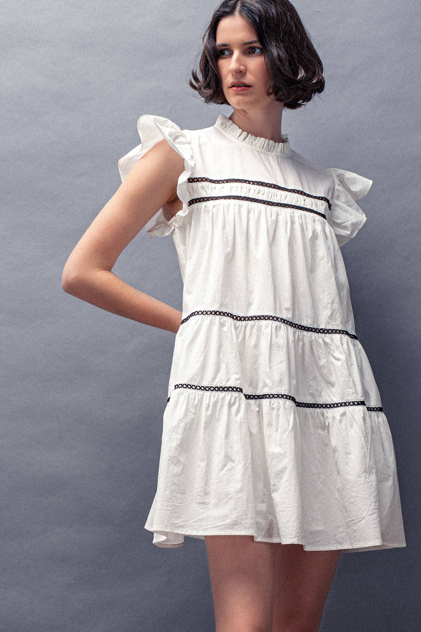 Urban Daizy Lace Trim Ruffle Sleeve Tiered Spring Mini Dress Black Dress - Women's (UDZ-DR-00204) – alternate view 9