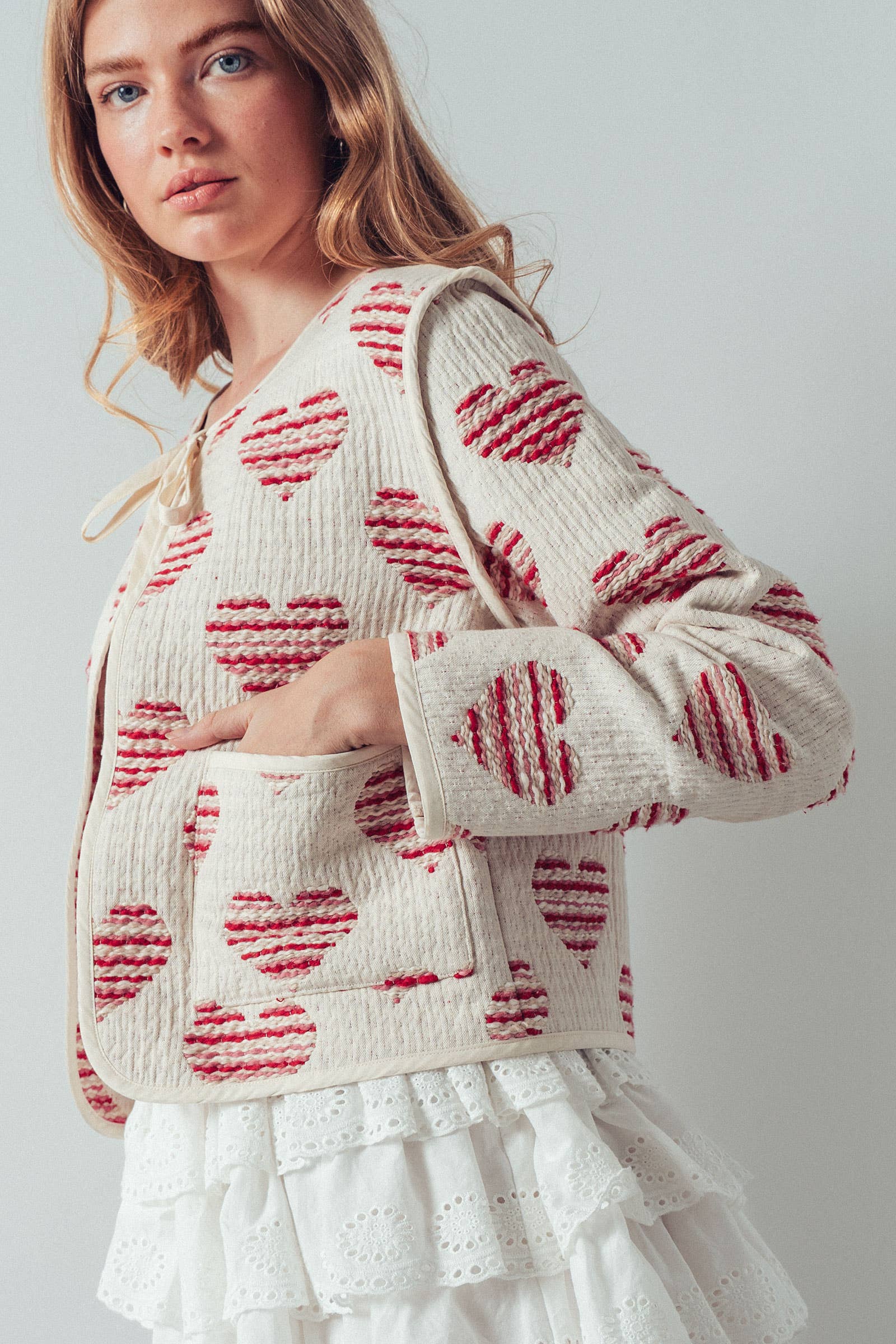 Urban Daizy Textured Woven Heart Tie-Front Quilted Jacket White-Red Jacket - Women's (UDZ-DR-00392) ��� alternate 