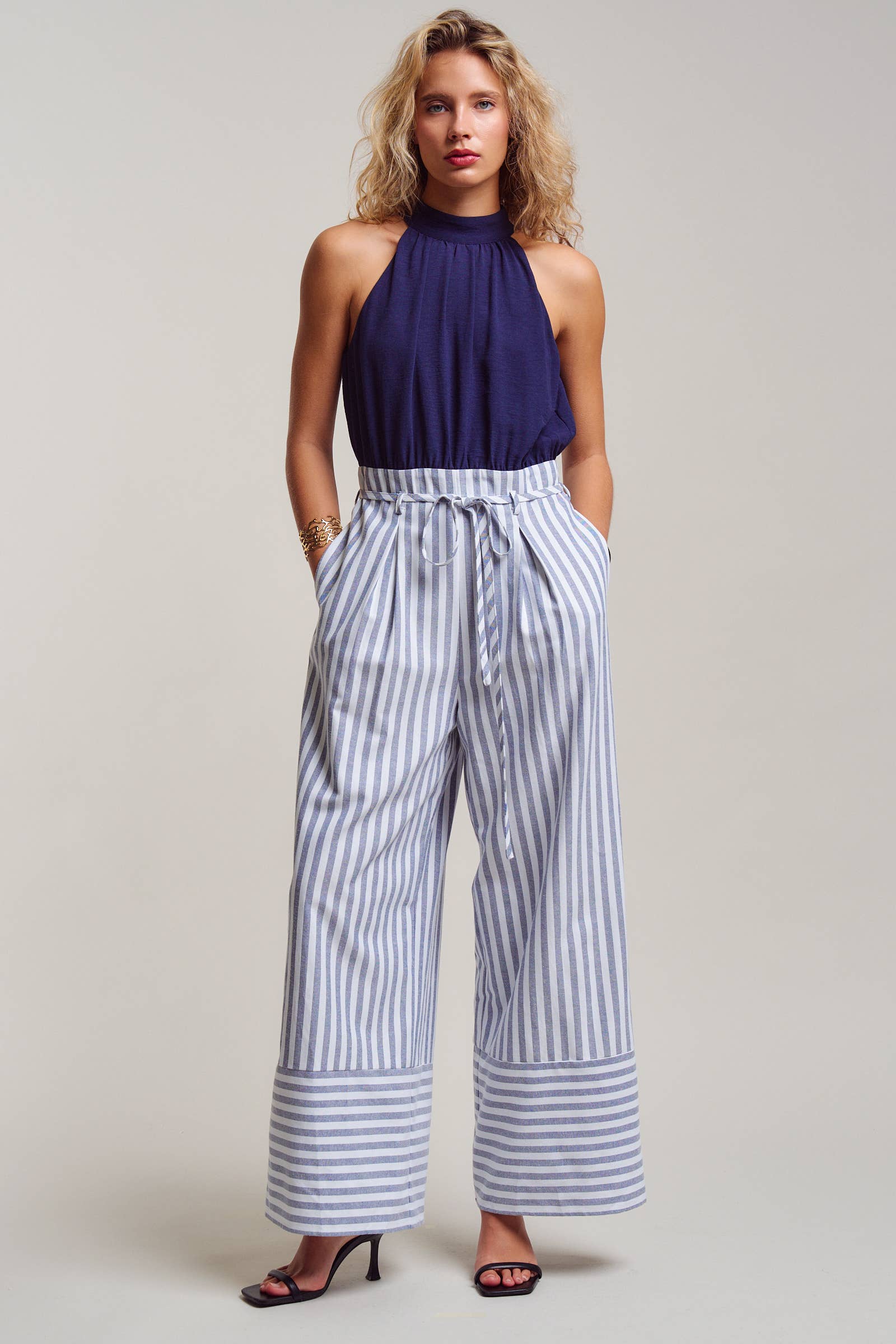 Urban Daizy Navy Halter Mixed Media Striped Wide Leg Jumpsuit Navy Jumpsuit - Women's (TNJU0178-Navy) – alternate view 2