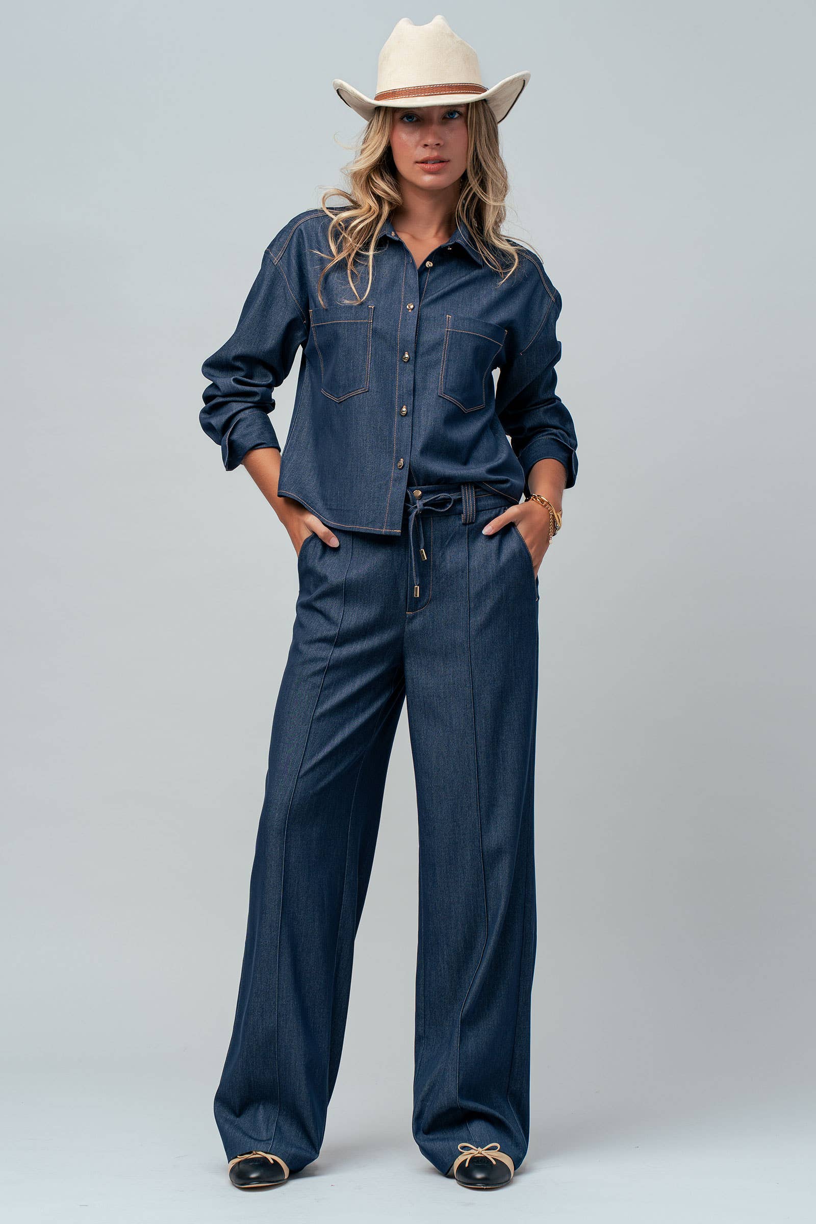 Drawstring Wide Leg Denim Pants