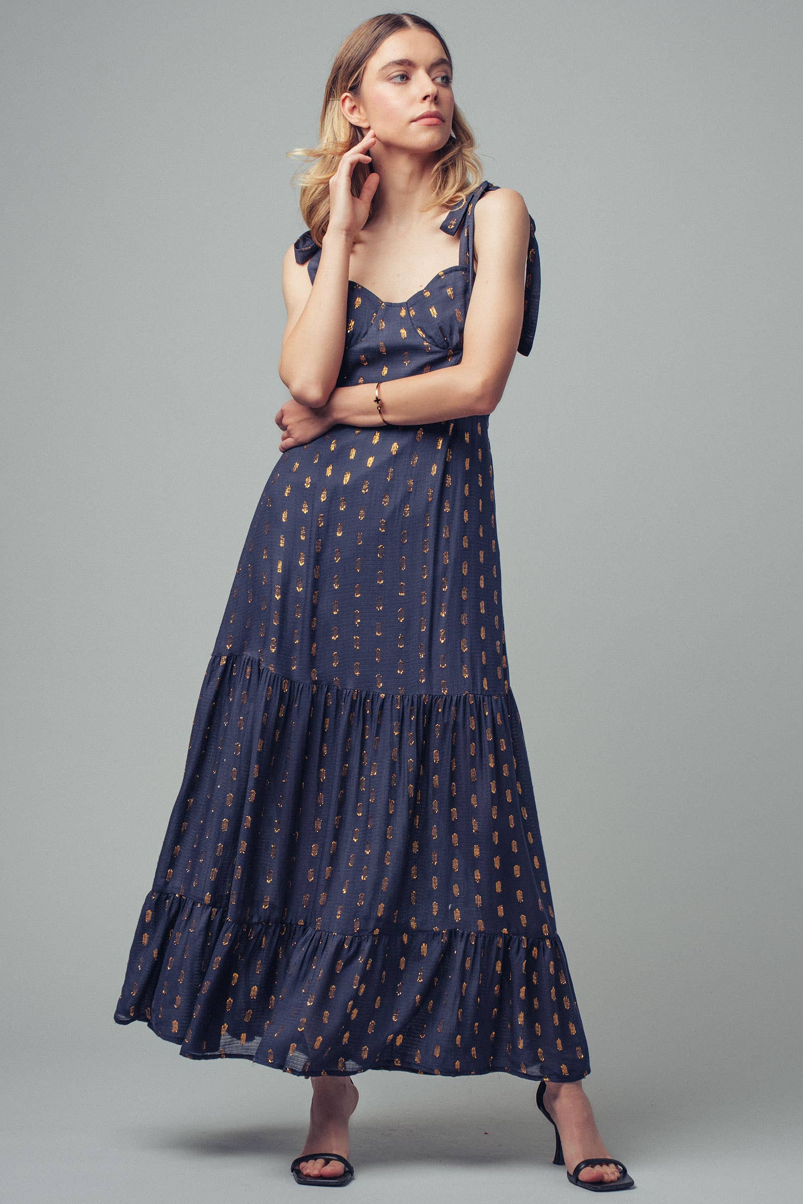 Urban Daizy Metallic Tie-Shoulder Smocked Maxi Dress Navy-Gold Dress - Women's (UDZ-KN-00657)