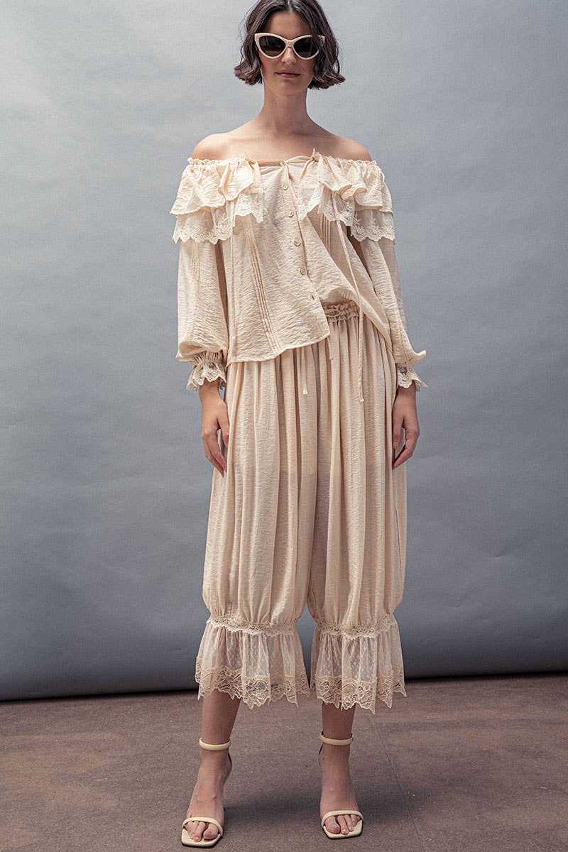 Lace Trim Ruffle Tie Neck Spring Blouse Top