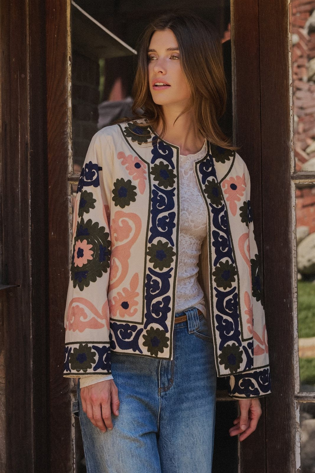 Suzani Embroidered Cotton Jacket with Floral Scroll in CREAM - Women's Jackets & Blazers | Urban Daizy