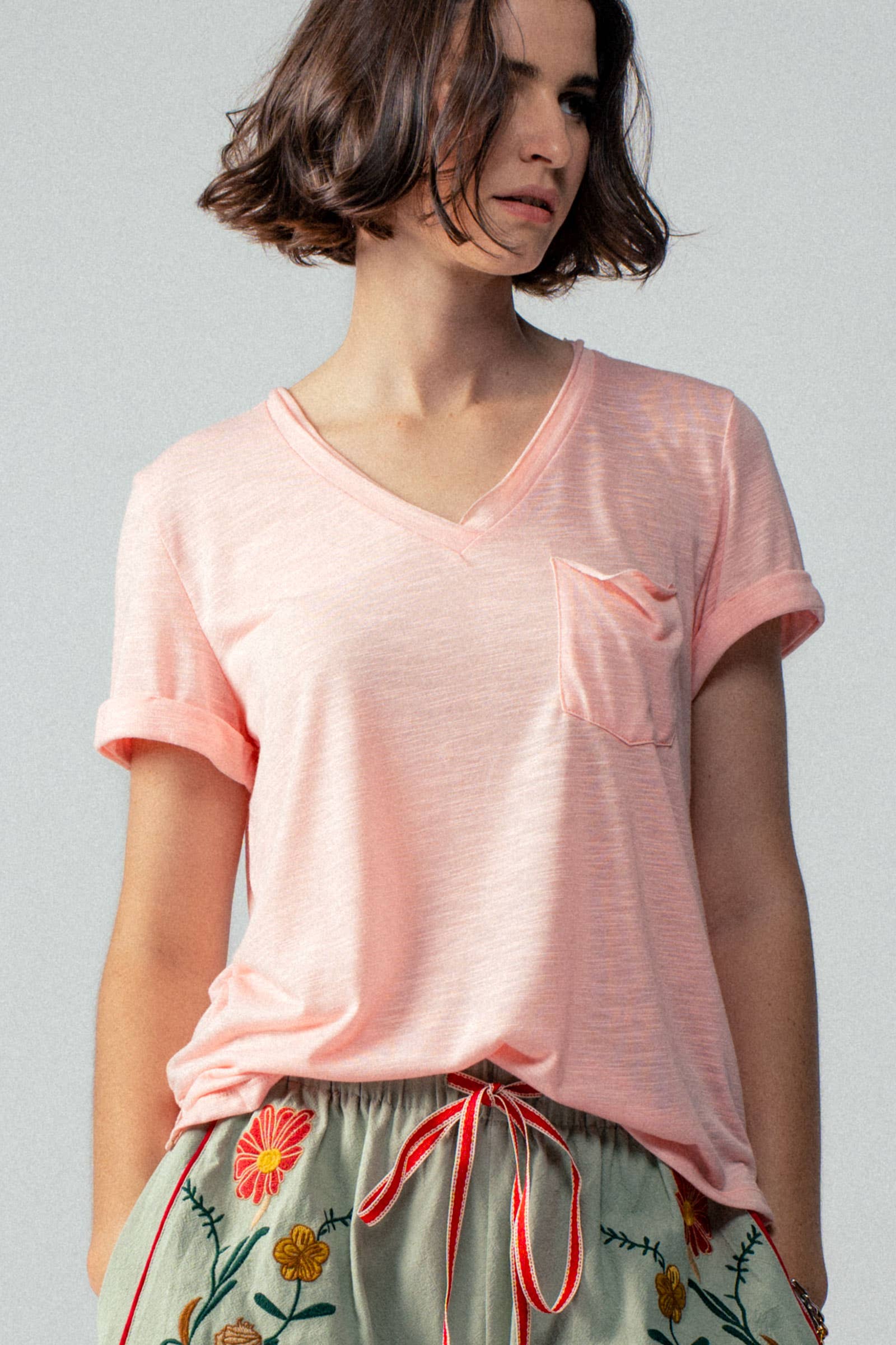 Rolled Sleeve V-Neck Pocket Tee
