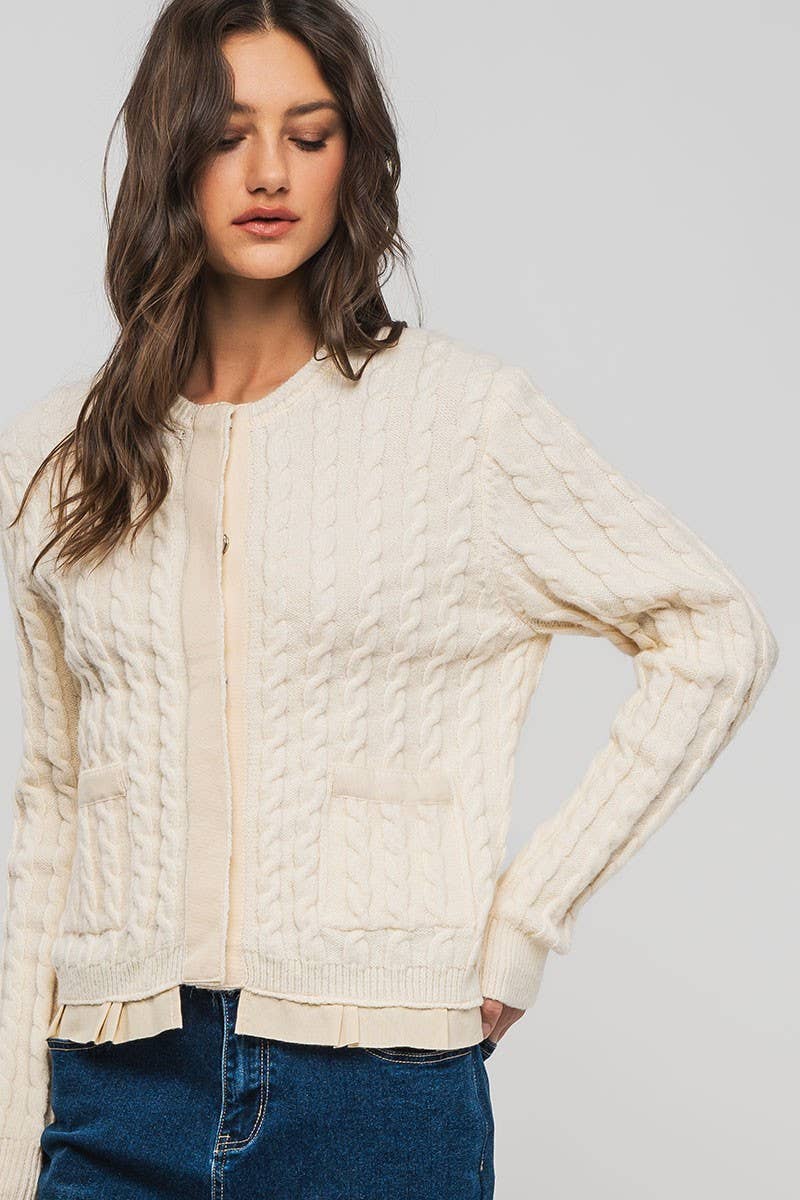 Urban Daizy Cable Knit Snap Front Ribbed Trim Long Sleeve Sweater Ivory Cardigan - Women's (UDZ-KN-00628)