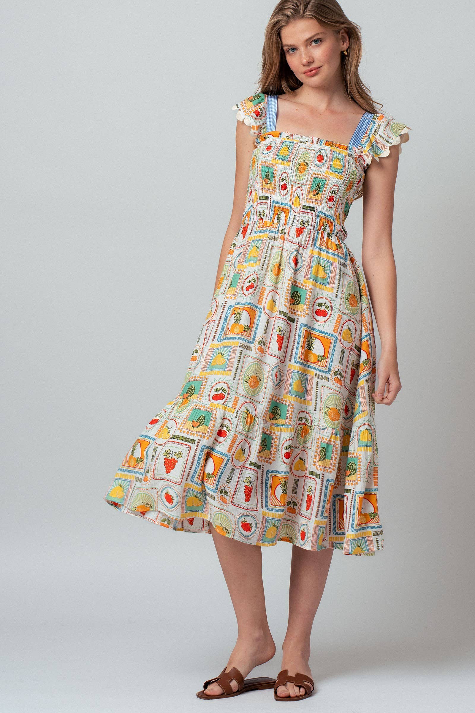Novelty Stamp Print Smocked Midi Dress