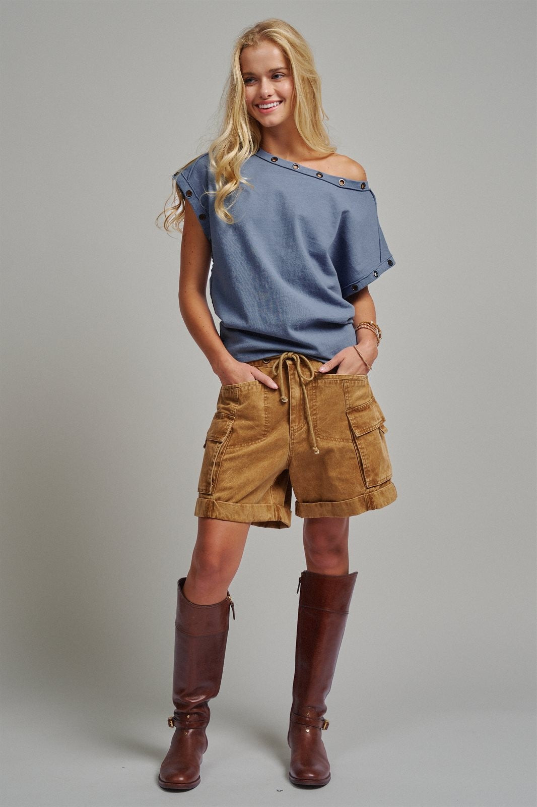 Grommet Trim Washed Cotton Boat Neck Top in VINTAGE NAVY - Women's T-Shirts & Polos | Urban Daizy
