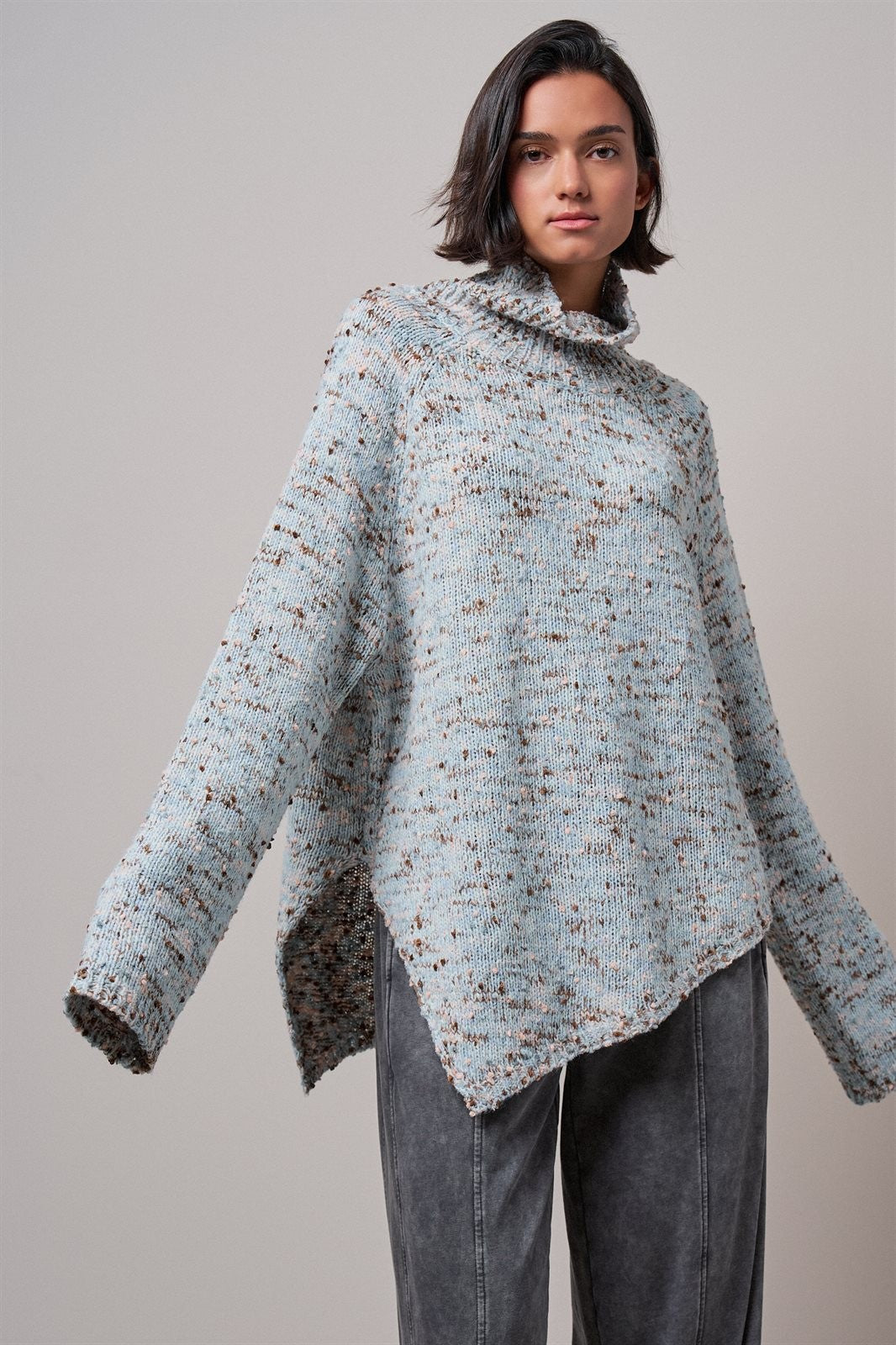 Chunky Knit Mock Neck Oversized Poncho Sweater in BLUE - Women's Sweaters | Urban Daizy