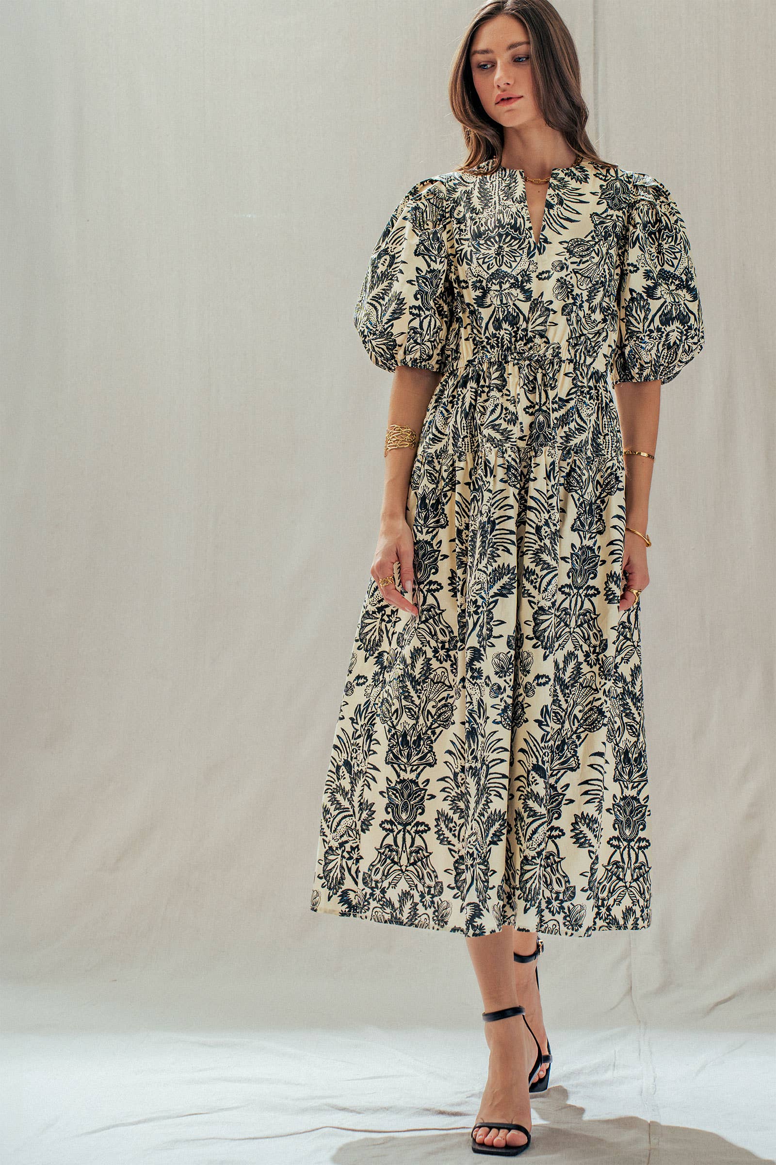 Urban Daizy Botanical Puff Sleeve Cotton Midi Dress Ivory-Black Dress - Women's (UDDR0335-Ivory-Black)