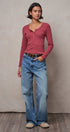 Ribbed Henley Top with Crochet Trim Neckline in MAUVE - Women's T-Shirts & Polos | Urban Daizy