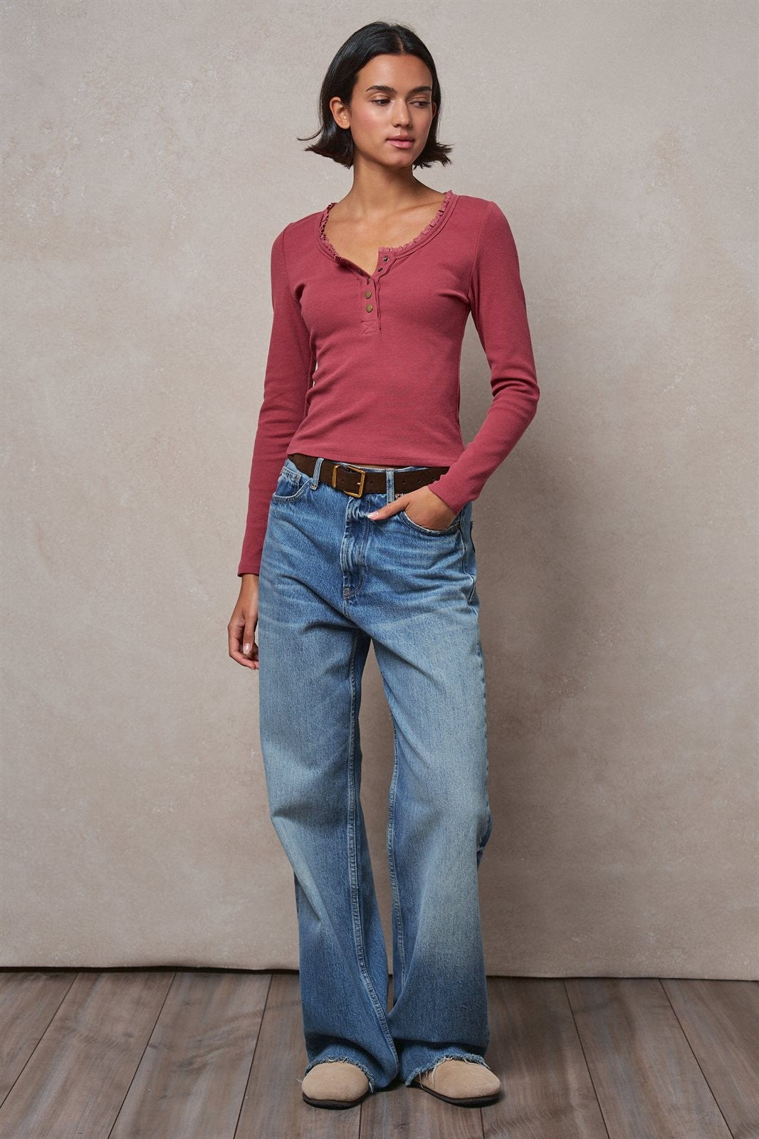 Ribbed Henley Top with Crochet Trim Neckline in MAUVE - Women's T-Shirts & Polos | Urban Daizy