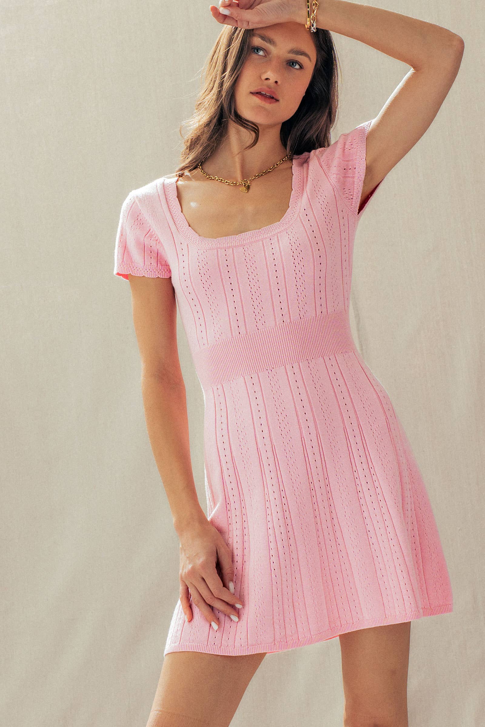 Pointelle Knit Square Neck Mini Dress