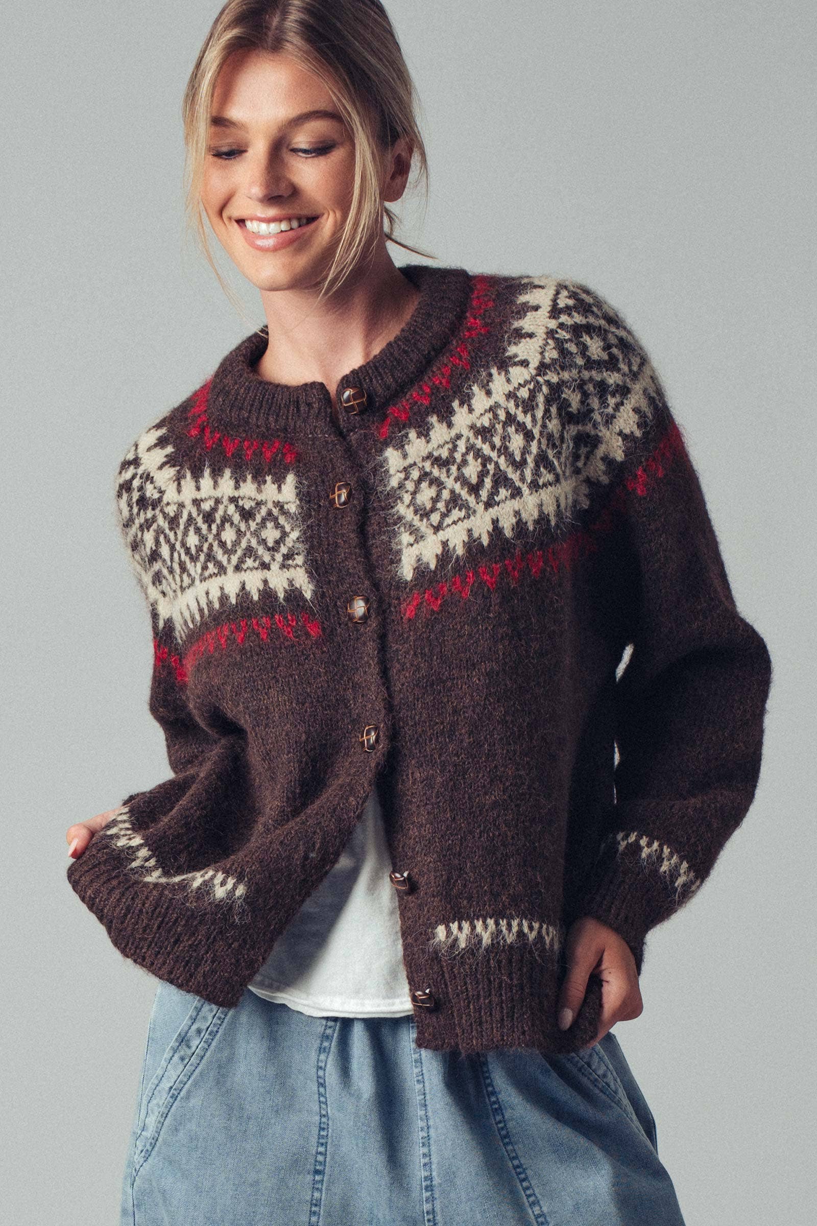 Urban Daizy Fair Isle Nordic Toggle Knit Cardigan Ivory Cardigan - Women's (UDZ-PT-00355) – alternate view 4