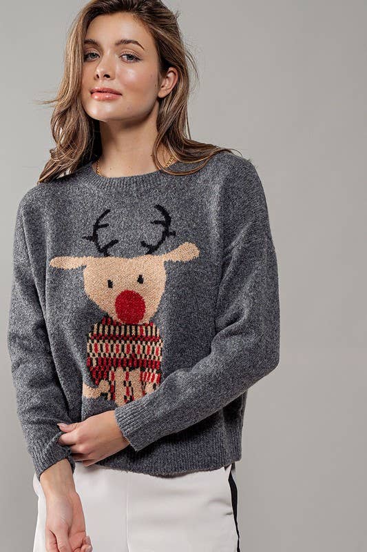 Urban Daizy Rudolph Reindeer Knit Crewneck Sweater Grey Knit Sweater - Women's (UDZ-KN-00538) – alternate view 13