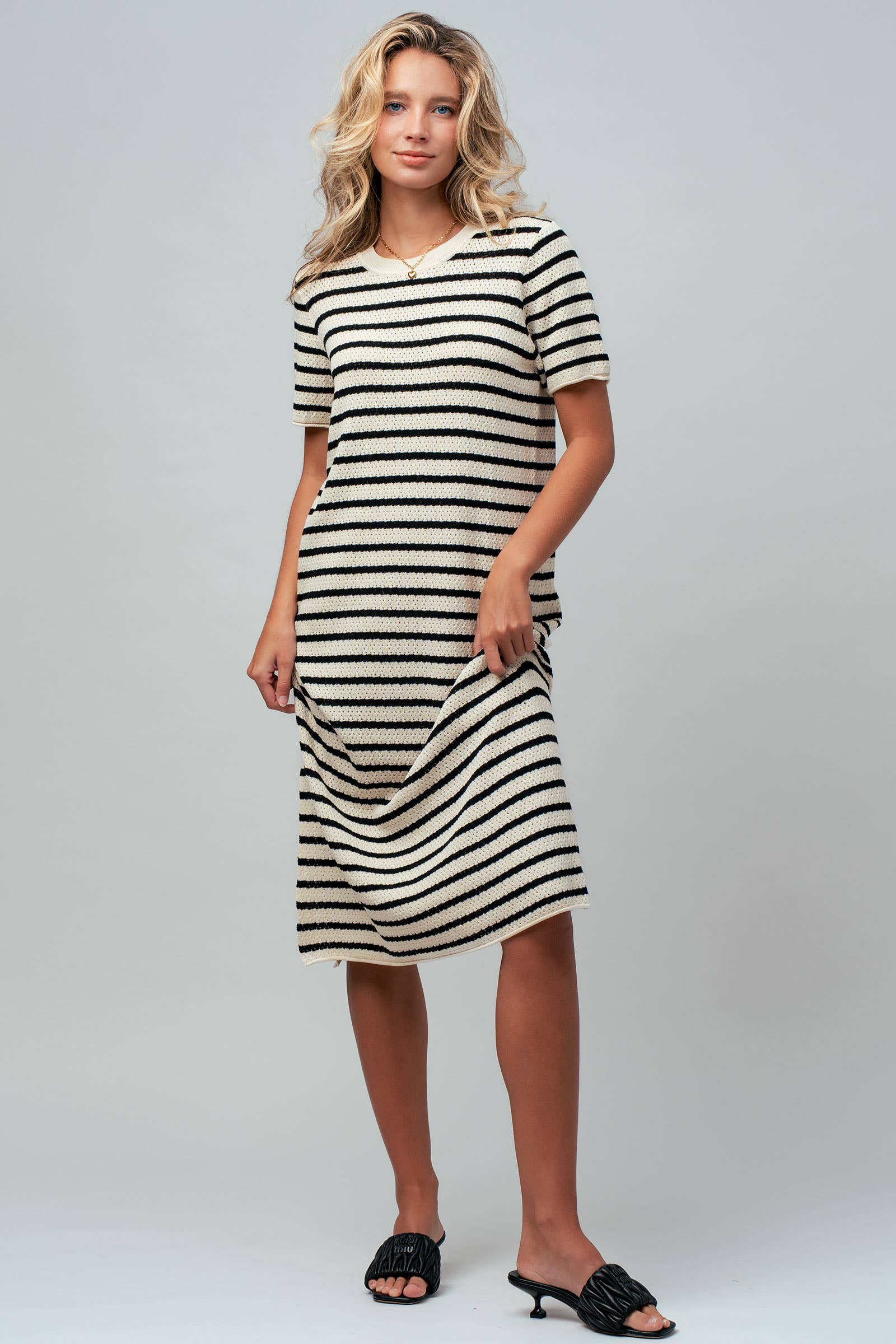 Striped Crochet Knit Short Sleeve Midi Dress
