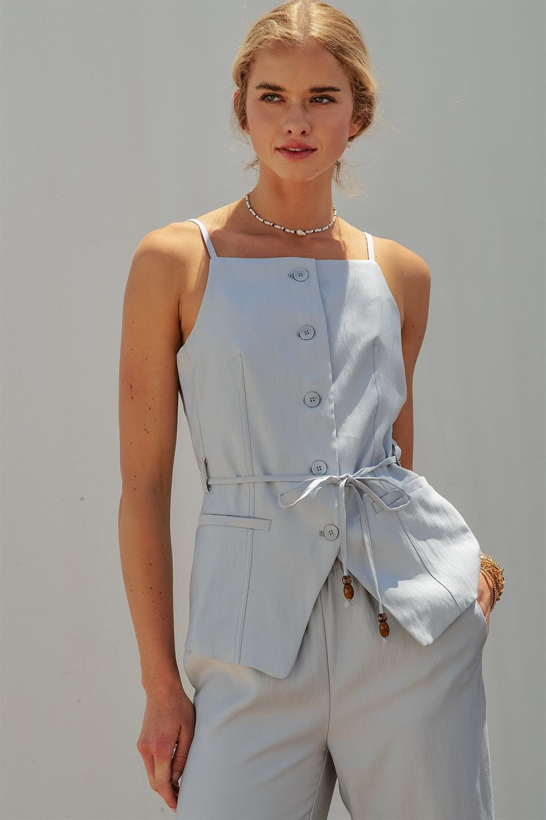 Buttoned Tie-Waist Cami Top in DEW BLUE - Women's Tops | Urban Daizy