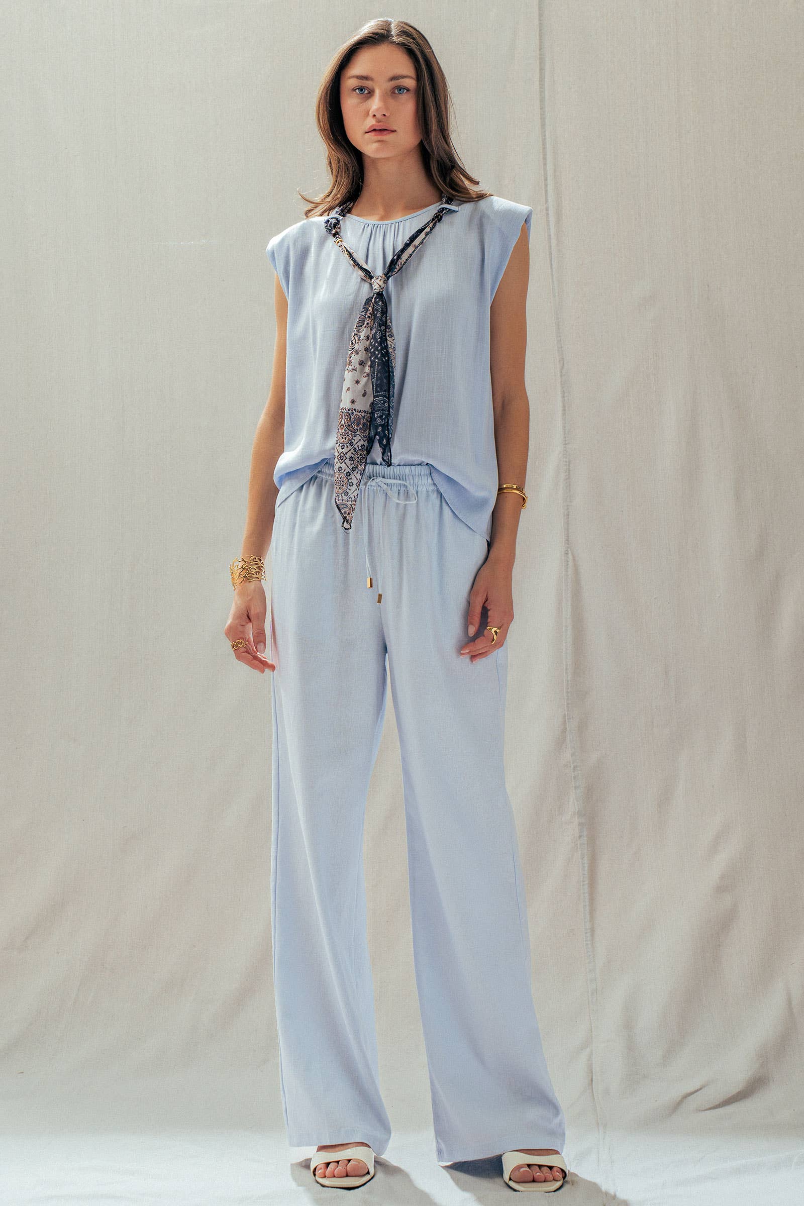 Linen Blend Wide Leg Pants Drawstring Waist