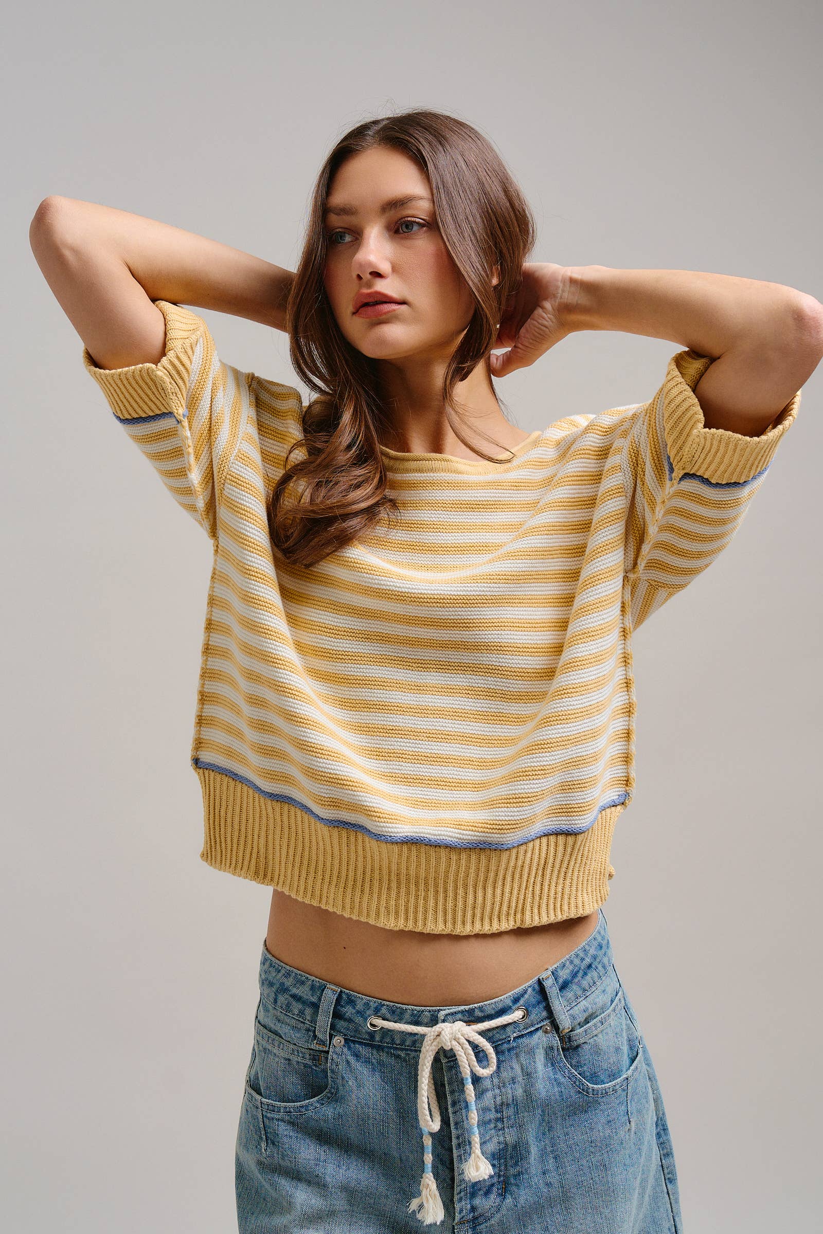 Yellow Striped Contrast Trim Sweater Tee
