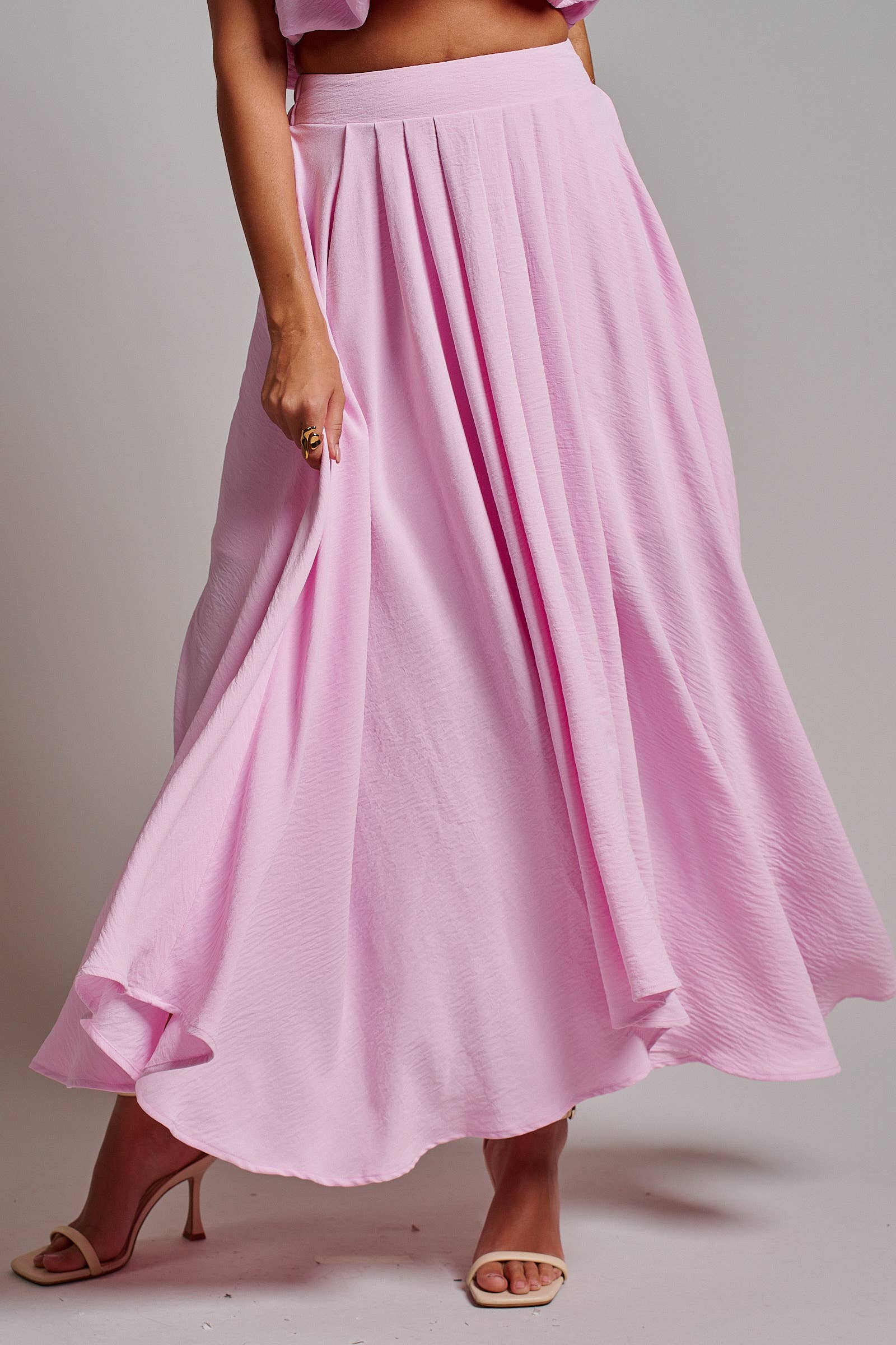 High-Waist Pleated High-Low Maxi Skirt