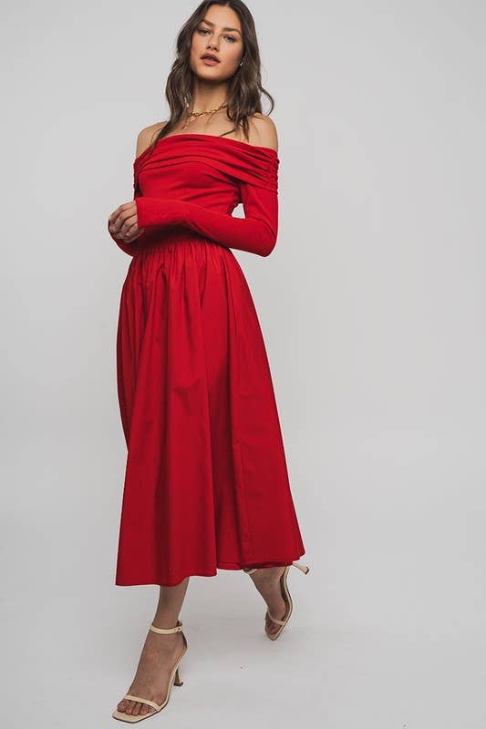 Urban Daizy Elegant Off Shoulder Ruched Long Sleeve Spring Midi Dress Red Dress - Women's (UDZ-DR-00366)